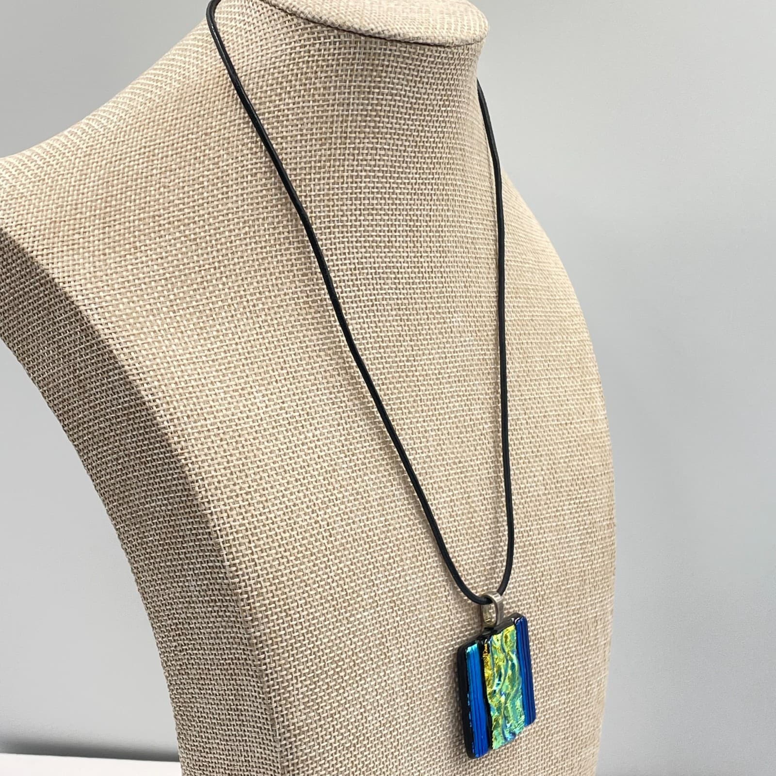 Vintage Dichroic Fused Glass Pendant Necklace Iridescent Blue Green Black Cord - Thumbnail 6