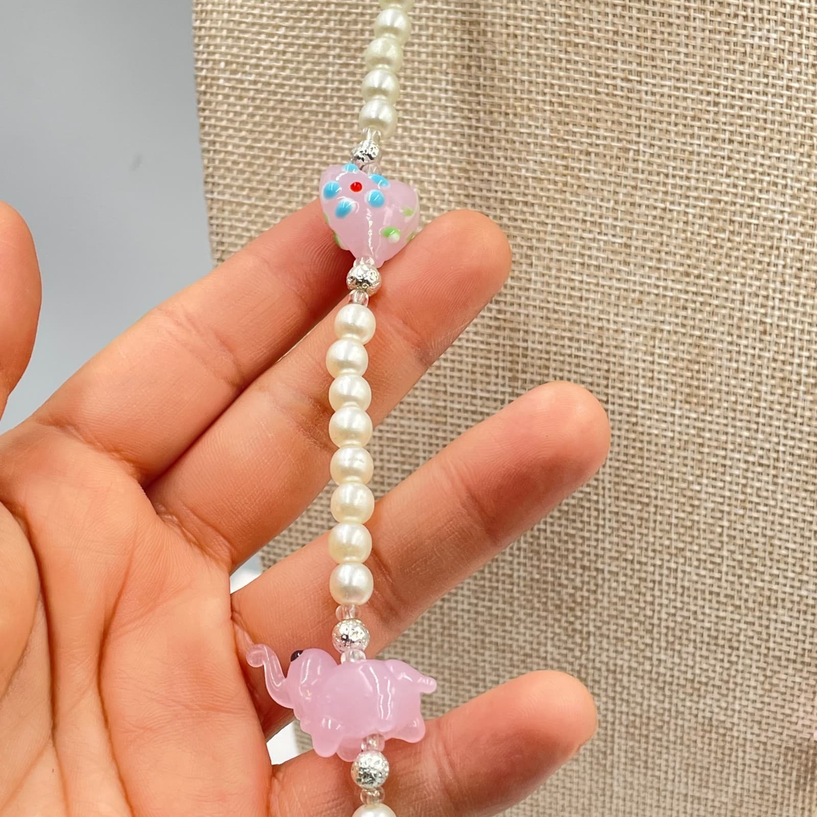 Vintage Pink Elephant Heart Glass Pearl Necklace Magnetic Clasp Blue Beads 26" - Thumbnail 3