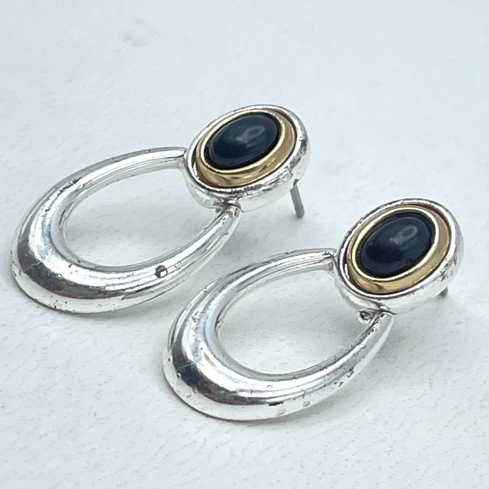 Classic Two-Tone Fashion Black Onyx Center Hoop Drop Dangle Post Back Earrings - Thumbnail 4