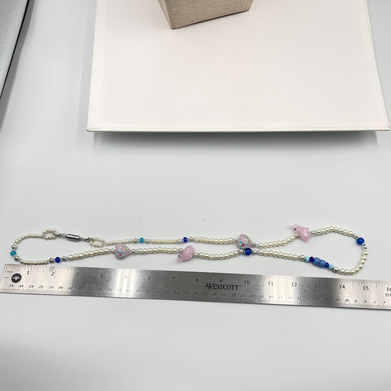 Vintage Pink Elephant Heart Glass Pearl Necklace Magnetic Clasp Blue Beads 26" - Thumbnail 7