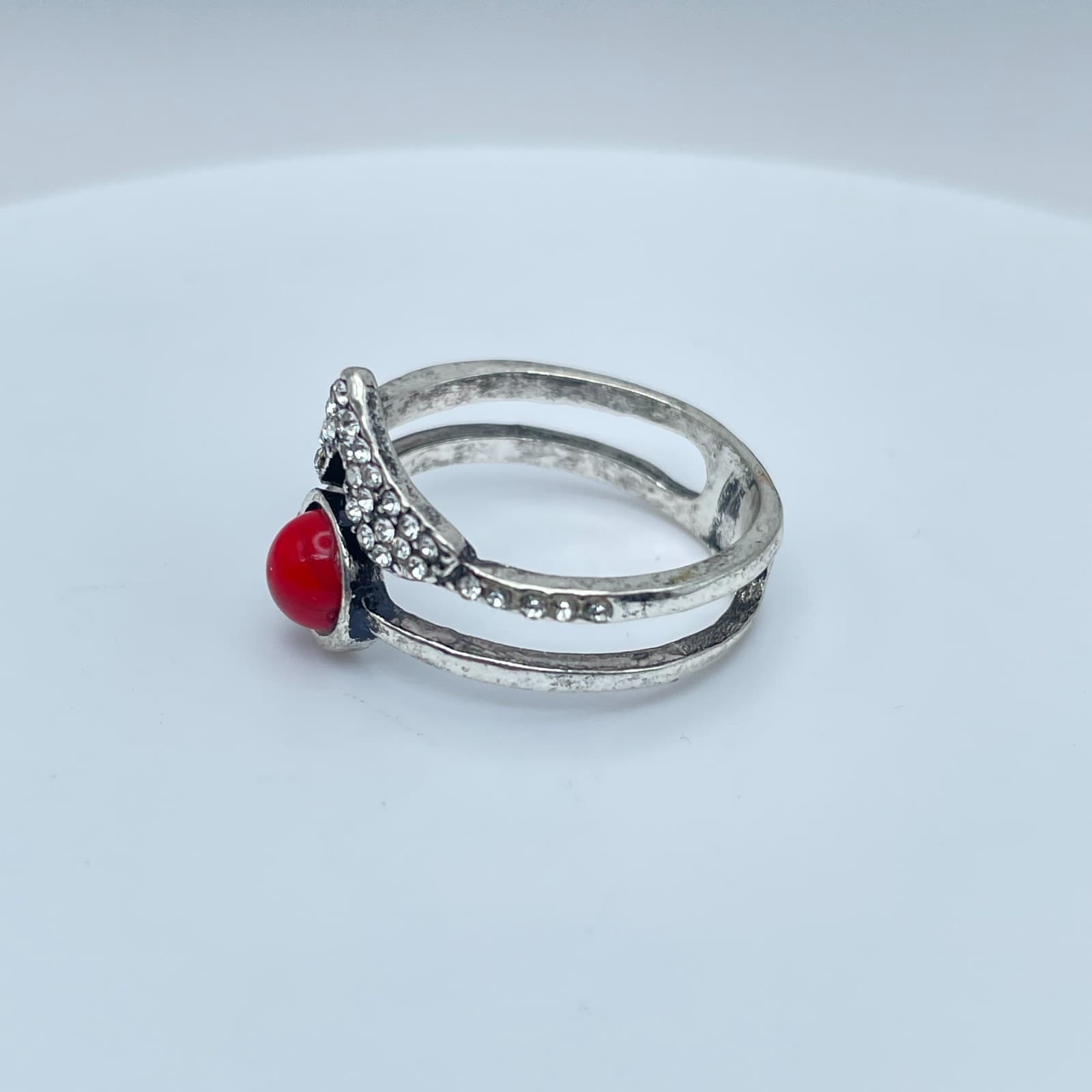 Southwestern Silver-Tone Coral Beads Pave Rhinestone Stacked-Look Layered Ring - Thumbnail 2