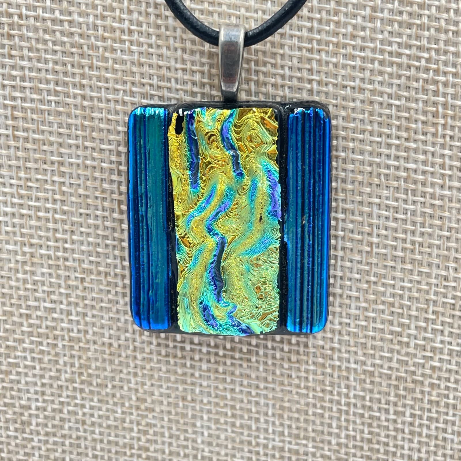 Vintage Dichroic Fused Glass Pendant Necklace Iridescent Blue Green Black Cord - Image 1