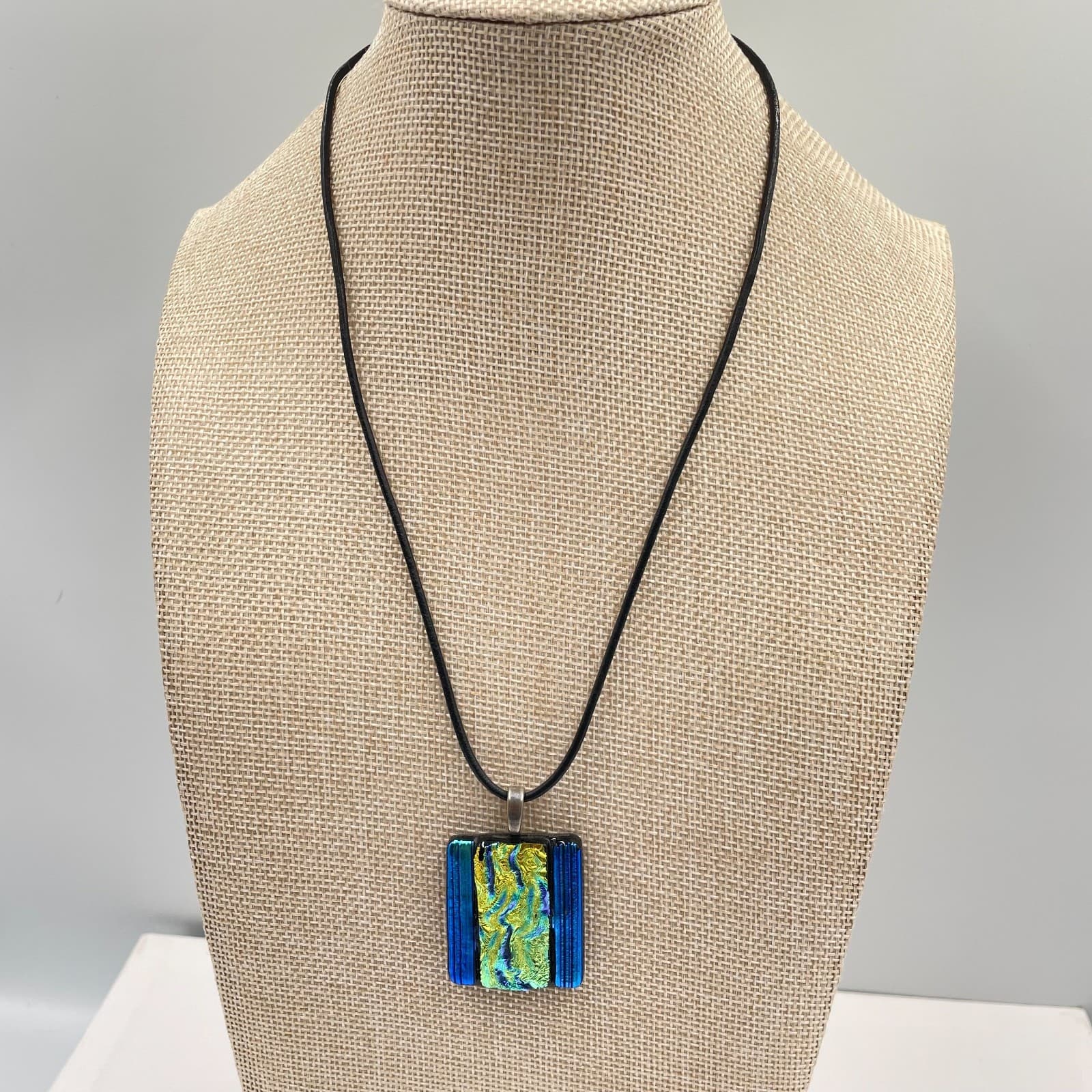 Vintage Dichroic Fused Glass Pendant Necklace Iridescent Blue Green Black Cord - Thumbnail 2