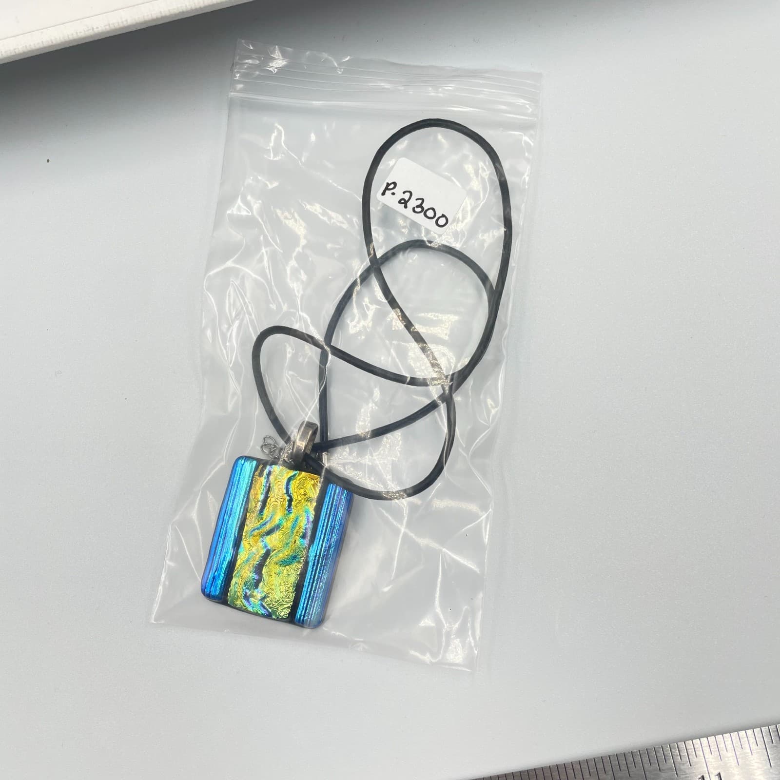 Vintage Dichroic Fused Glass Pendant Necklace Iridescent Blue Green Black Cord - Thumbnail 9