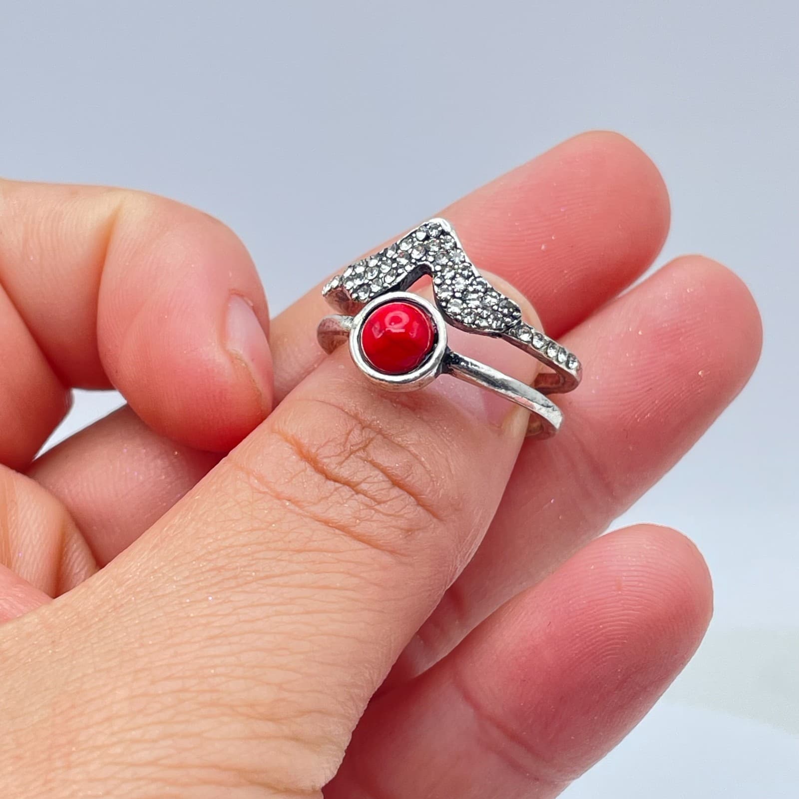 Southwestern Silver-Tone Coral Beads Pave Rhinestone Stacked-Look Layered Ring - Thumbnail 7