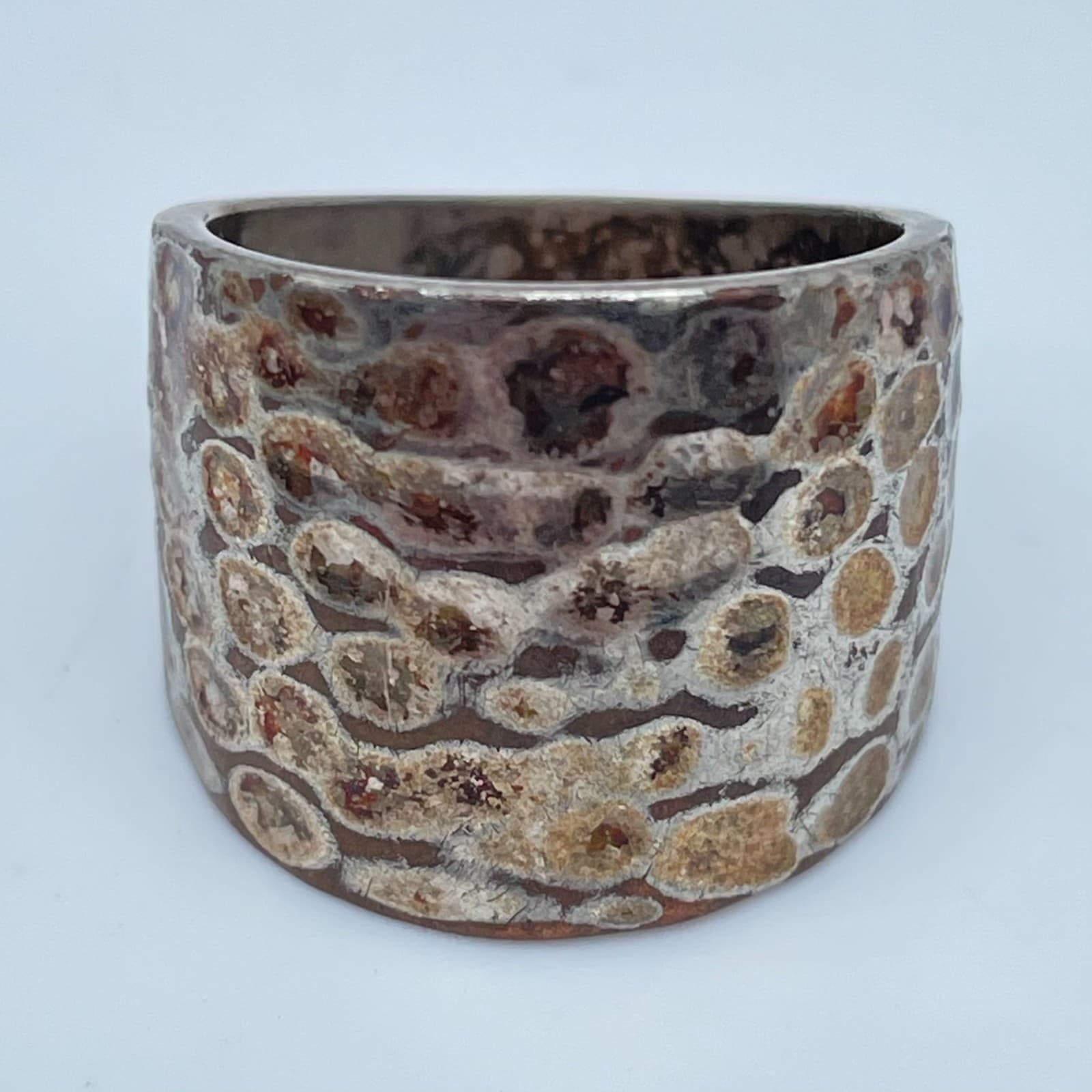 Artisanal Silver-Tone Hammered Fossil-Pattern Textured Patina Finish Wide Ring - Image 1