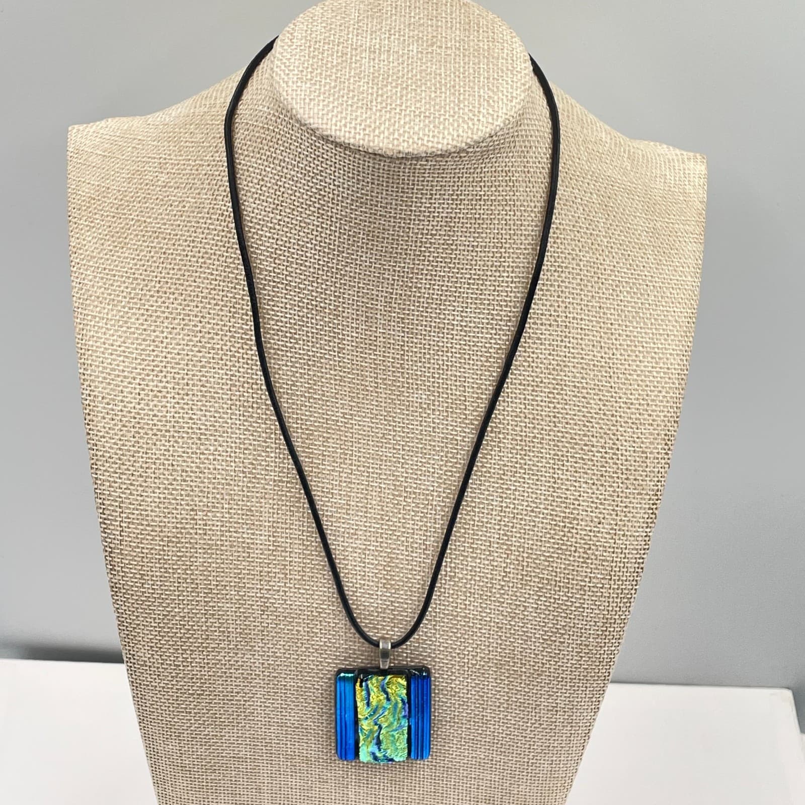 Vintage Dichroic Fused Glass Pendant Necklace Iridescent Blue Green Black Cord - Thumbnail 5