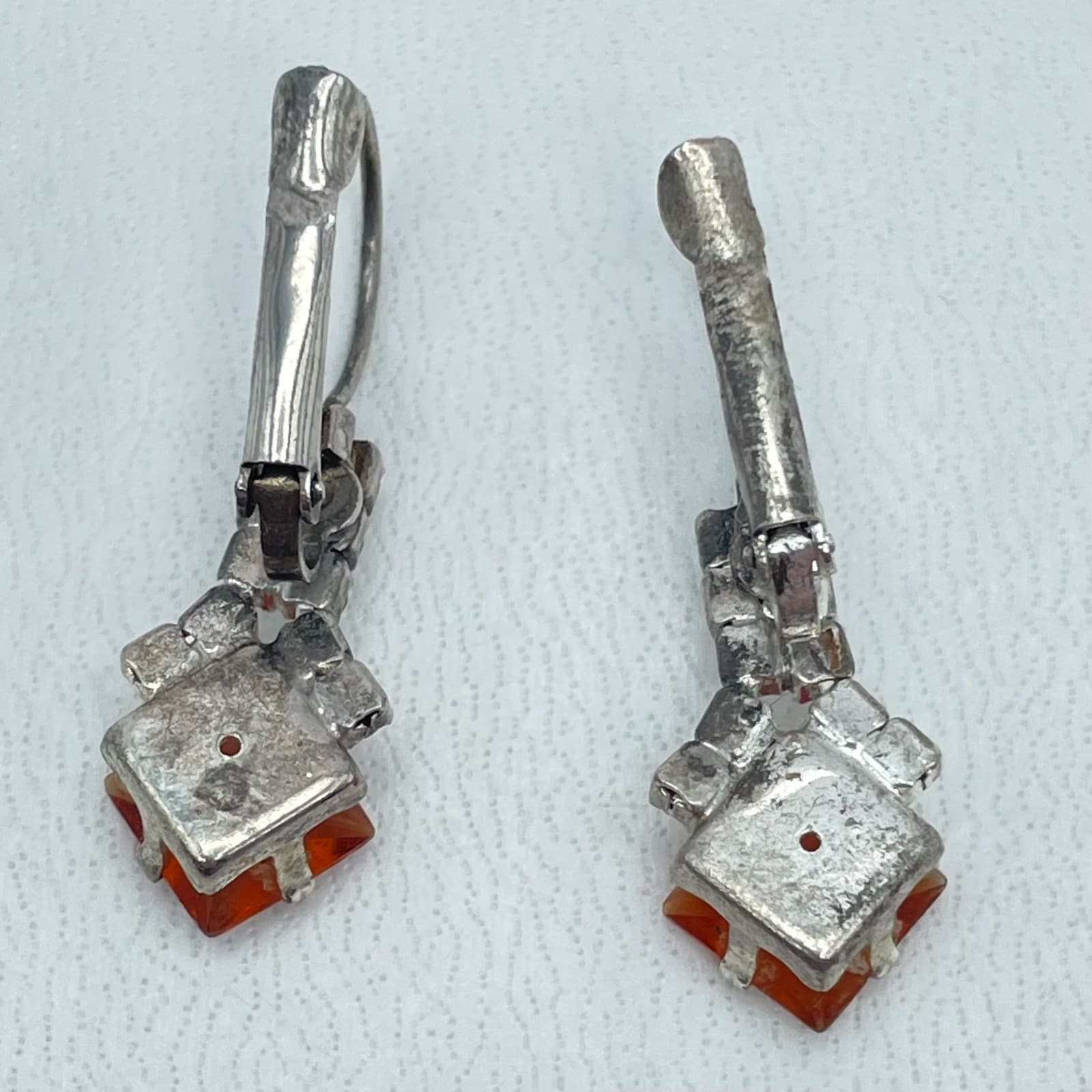 VTG Silver-Tone Rhinestone Amber-Colored Square-Cut Deep Glass Stud Earrings - Thumbnail 3
