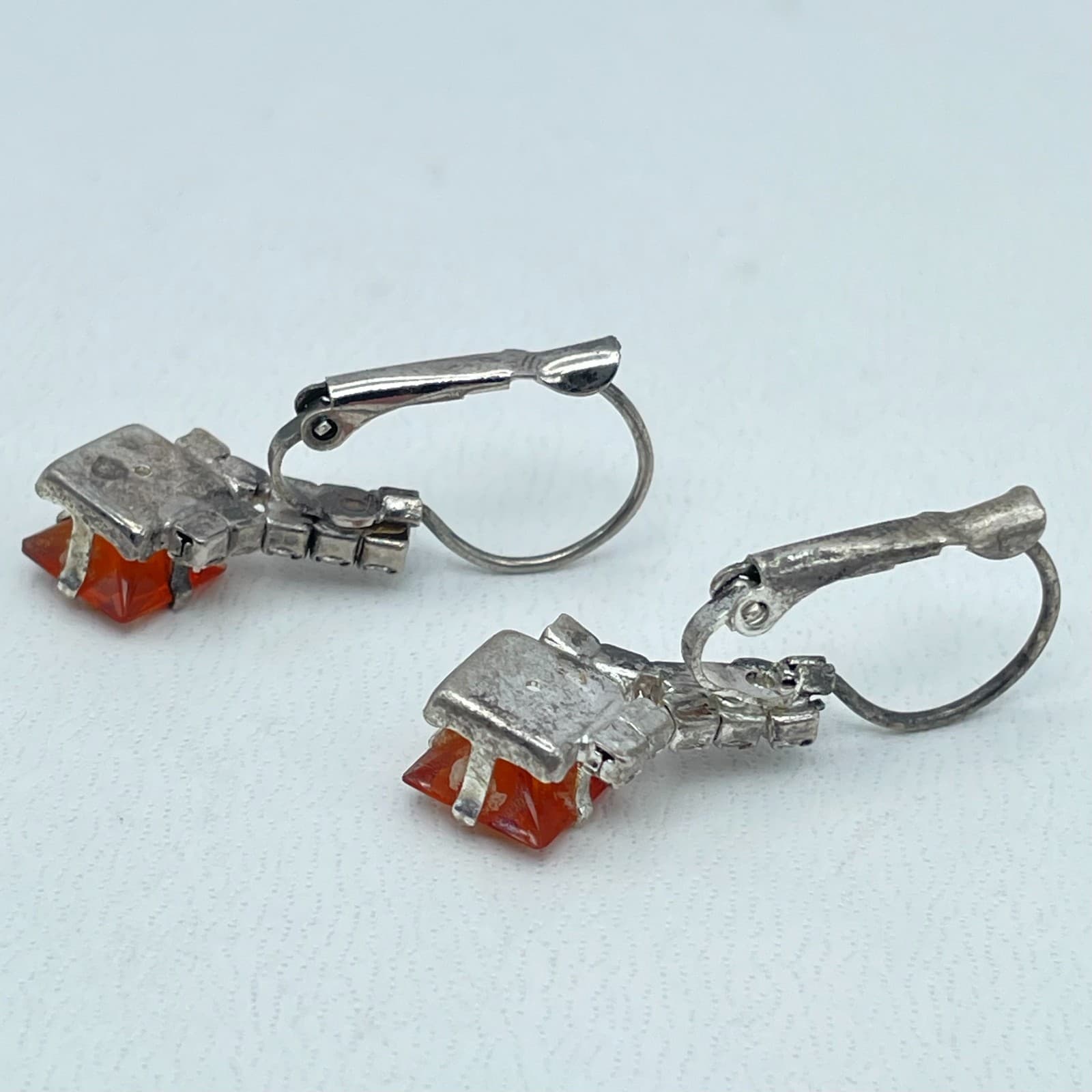 VTG Silver-Tone Rhinestone Amber-Colored Square-Cut Deep Glass Stud Earrings - Thumbnail 4