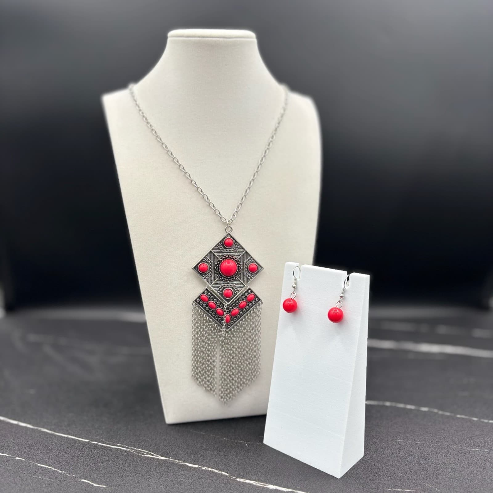 Vintage VTG Stone Fringe Tassel Pendant Necklace Dangle Earrings Set Silver Tone - Thumbnail 7