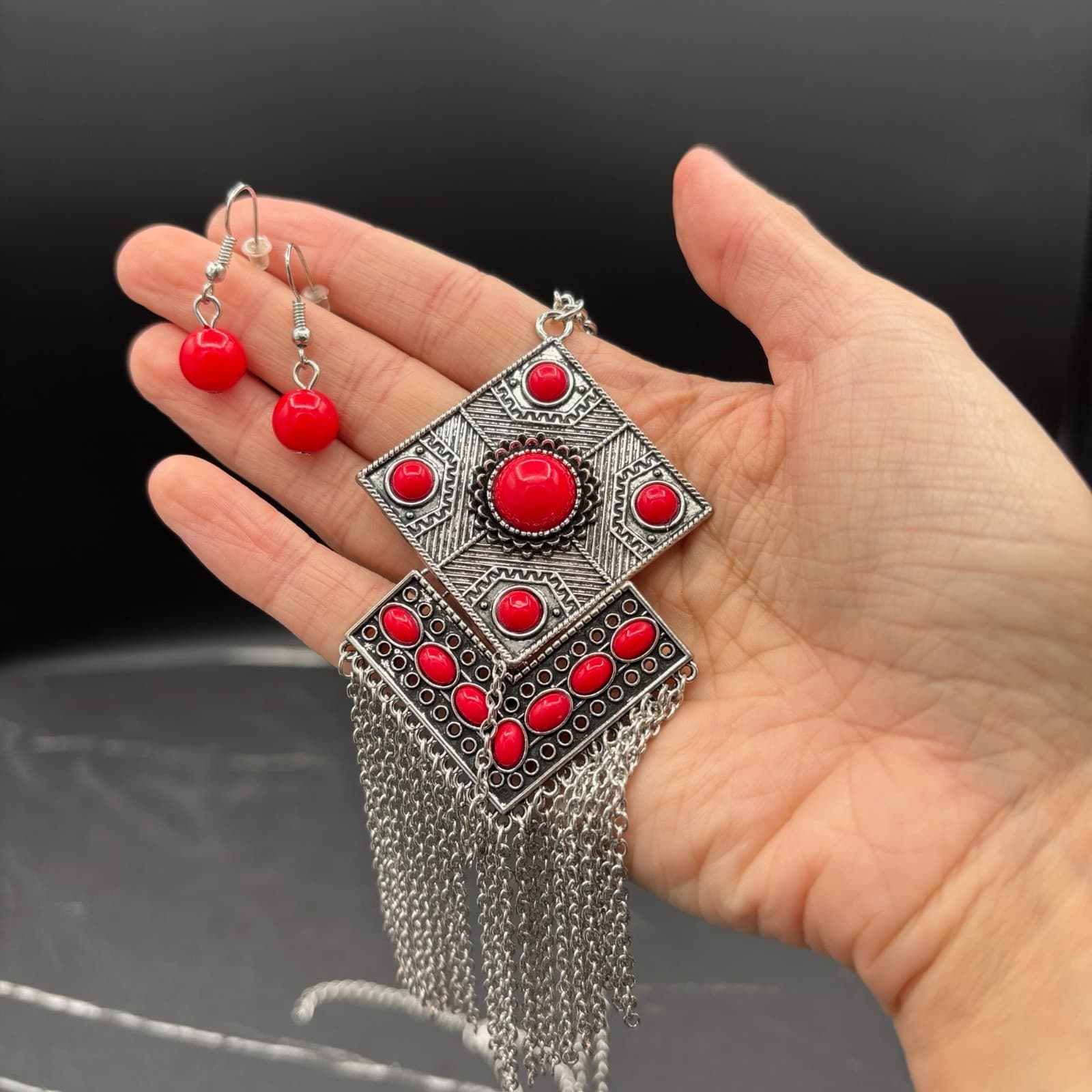 Vintage VTG Stone Fringe Tassel Pendant Necklace Dangle Earrings Set Silver Tone - Thumbnail 3