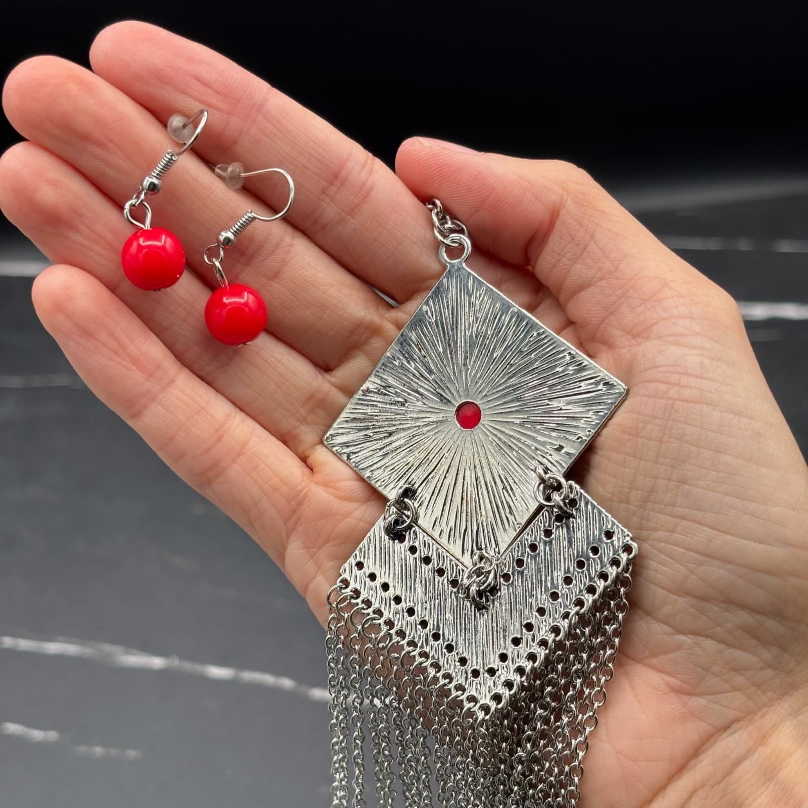 Vintage VTG Stone Fringe Tassel Pendant Necklace Dangle Earrings Set Silver Tone - Thumbnail 4