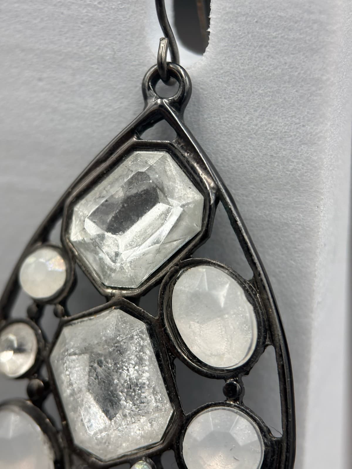 Gunmetal Teardrop Earrings Crystal Mixed-Cut Glam Statement - Thumbnail 3