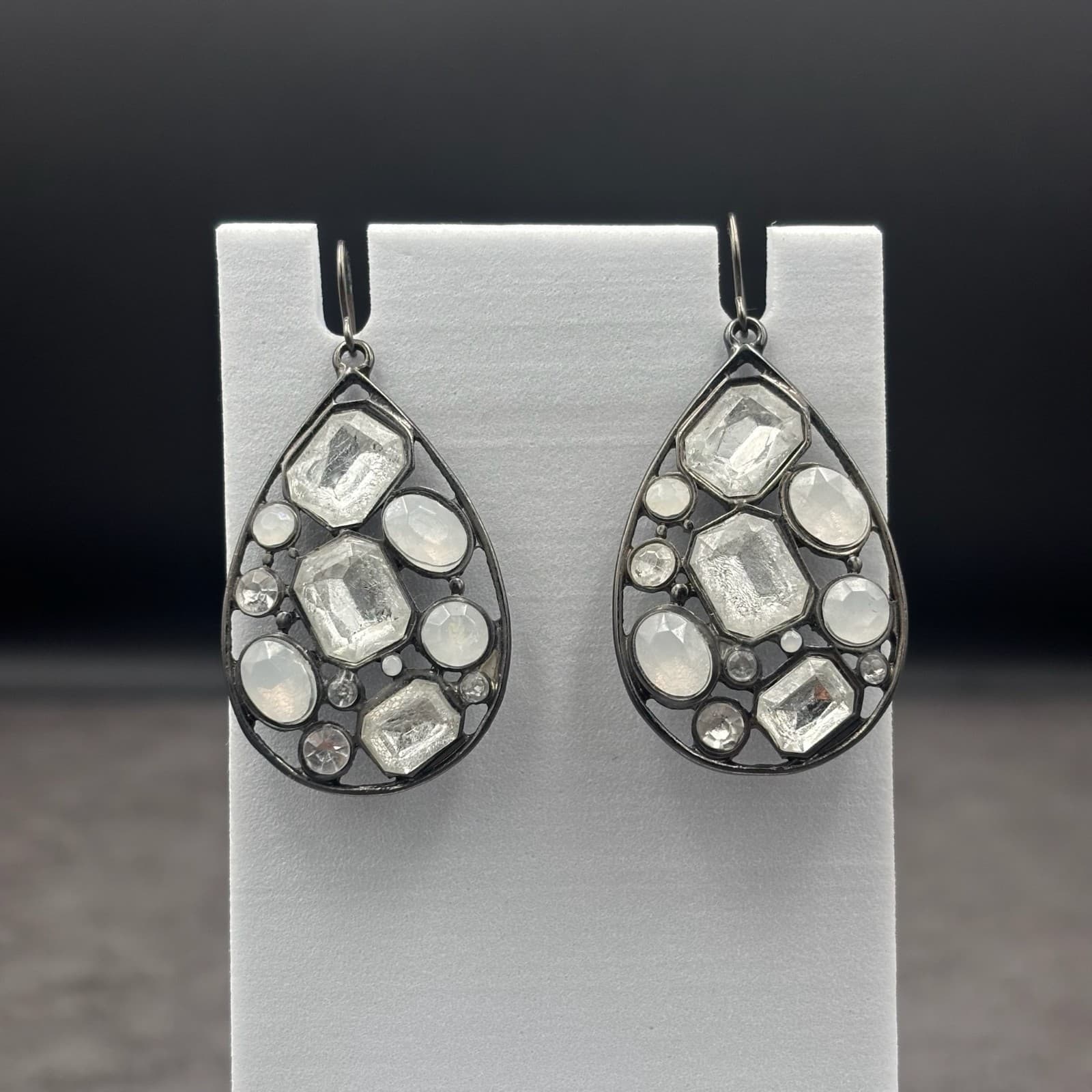 Gunmetal Teardrop Earrings Crystal Mixed-Cut Glam Statement - Image 1