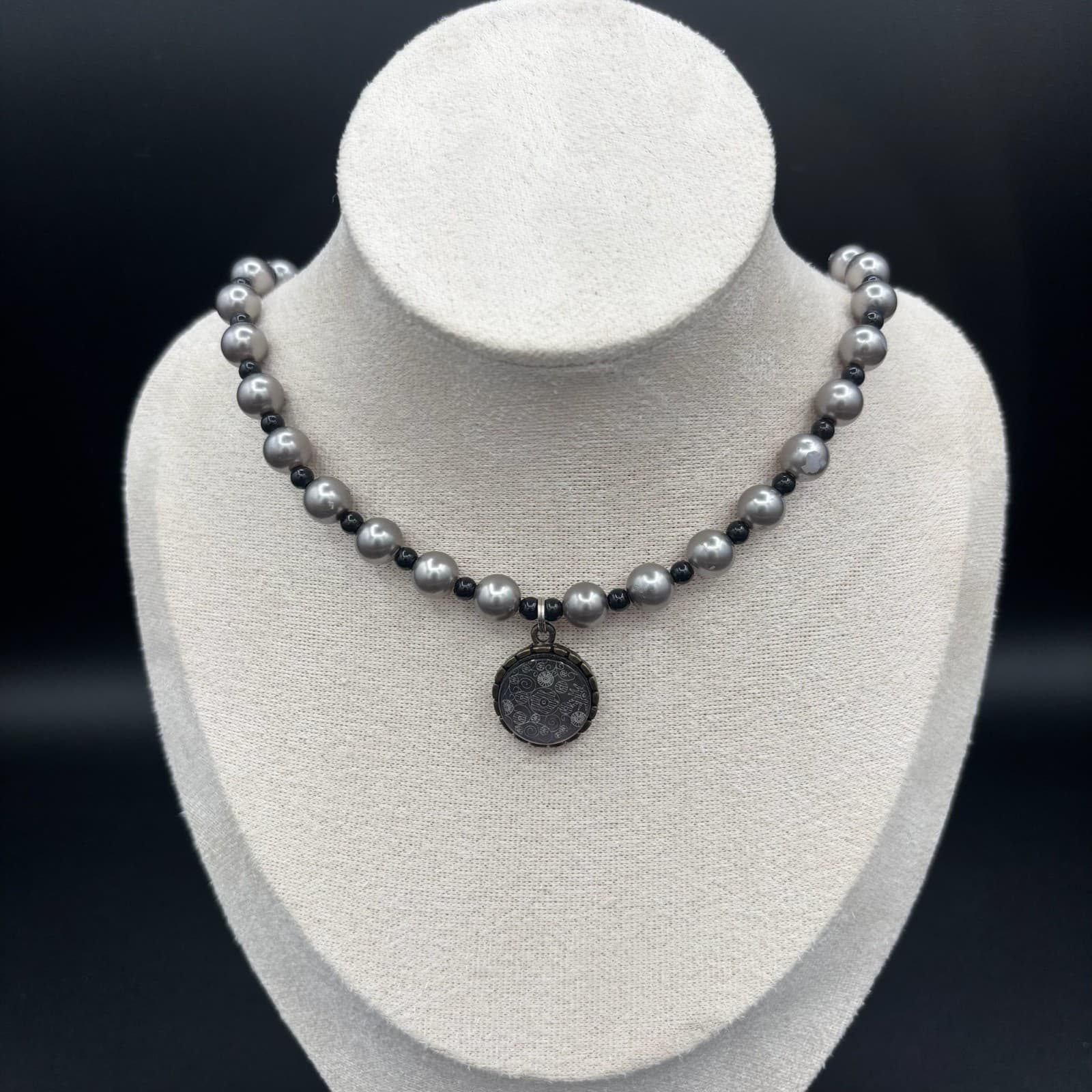 Vintage Gray & Black Beaded Necklace Loabster Lock with Round Medallion Pendant - Image 1