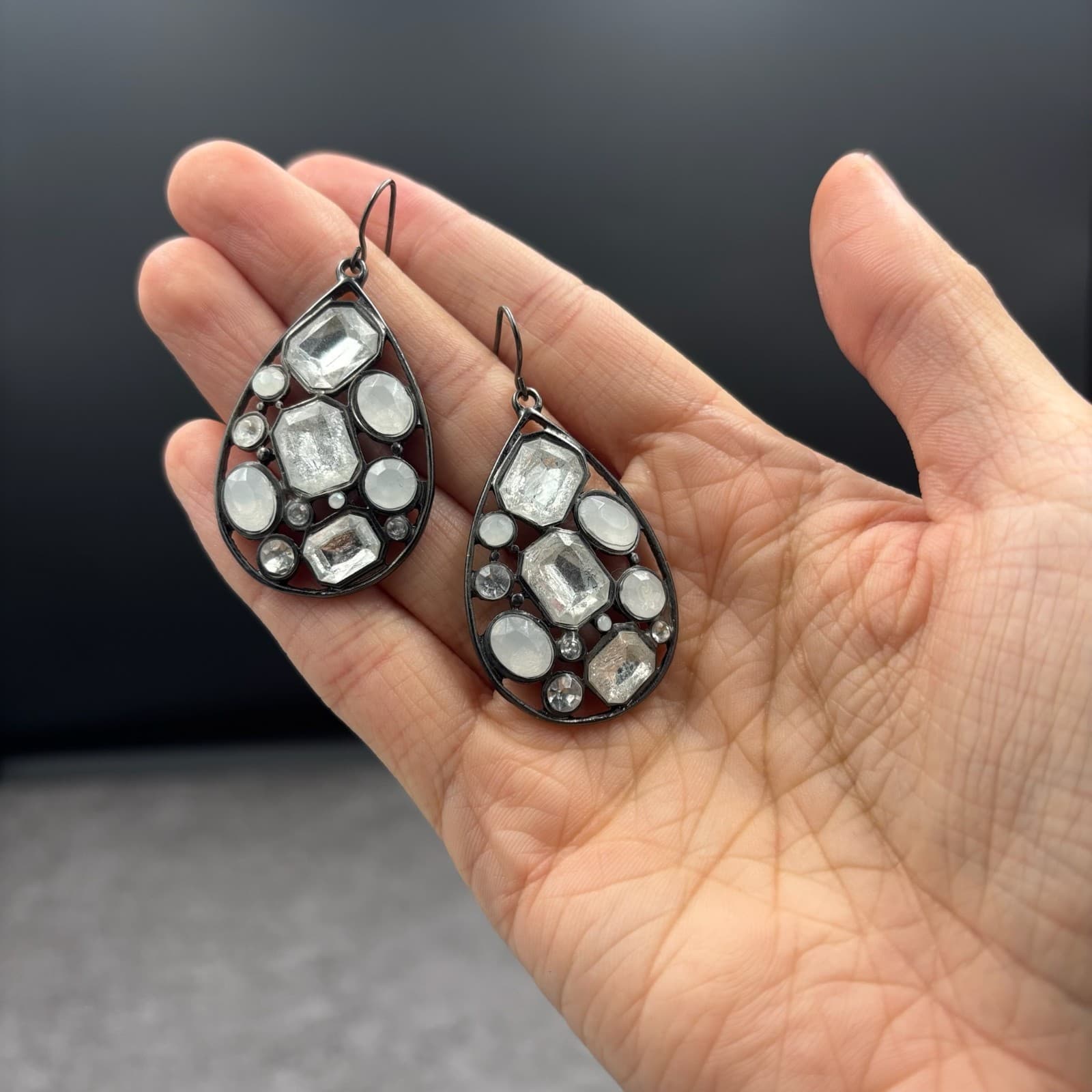 Gunmetal Teardrop Earrings Crystal Mixed-Cut Glam Statement - Thumbnail 10