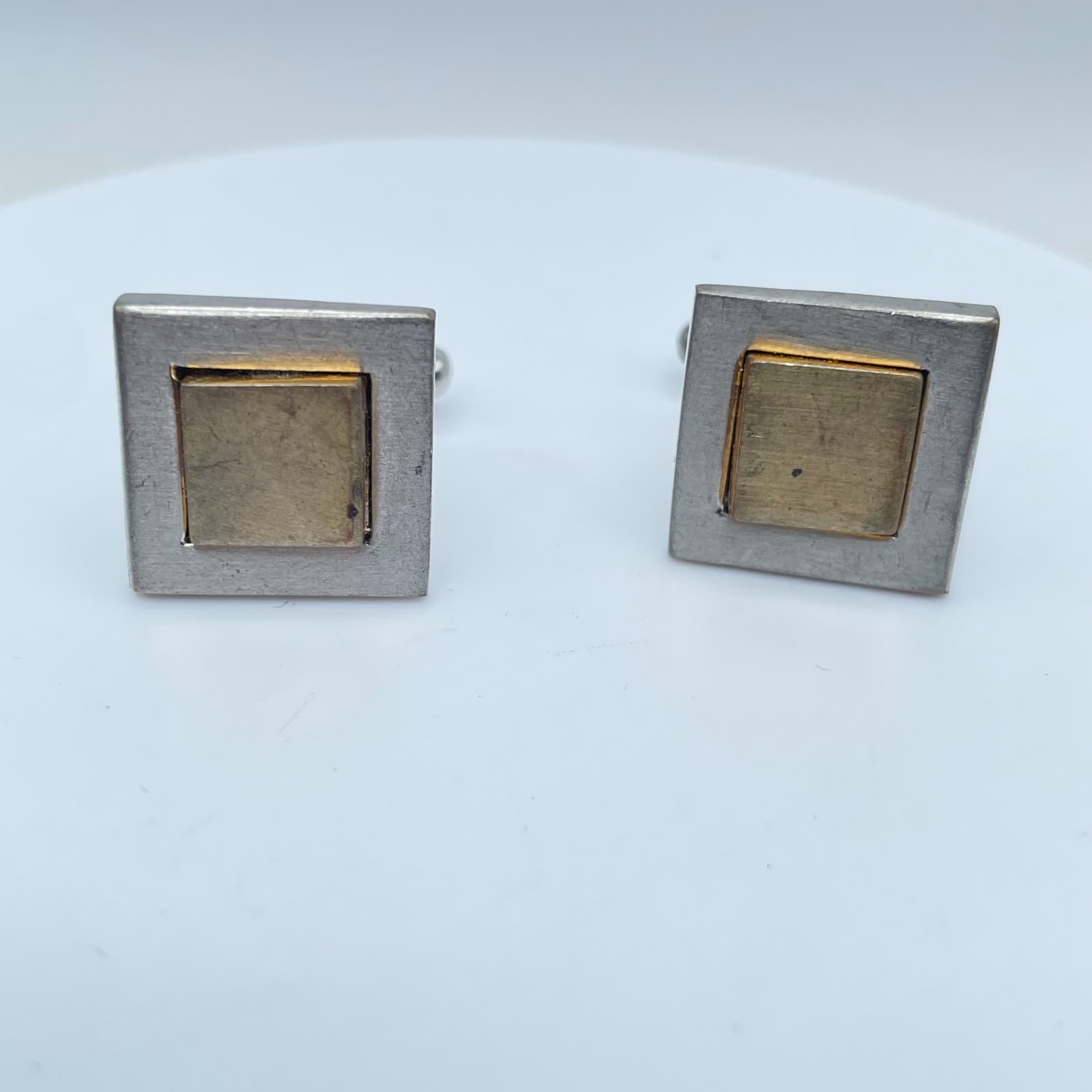 Vintage 1950s-1960s Two-Tone Brushed Finishes Metal Square Bullet Back Cufflinks - Image 1