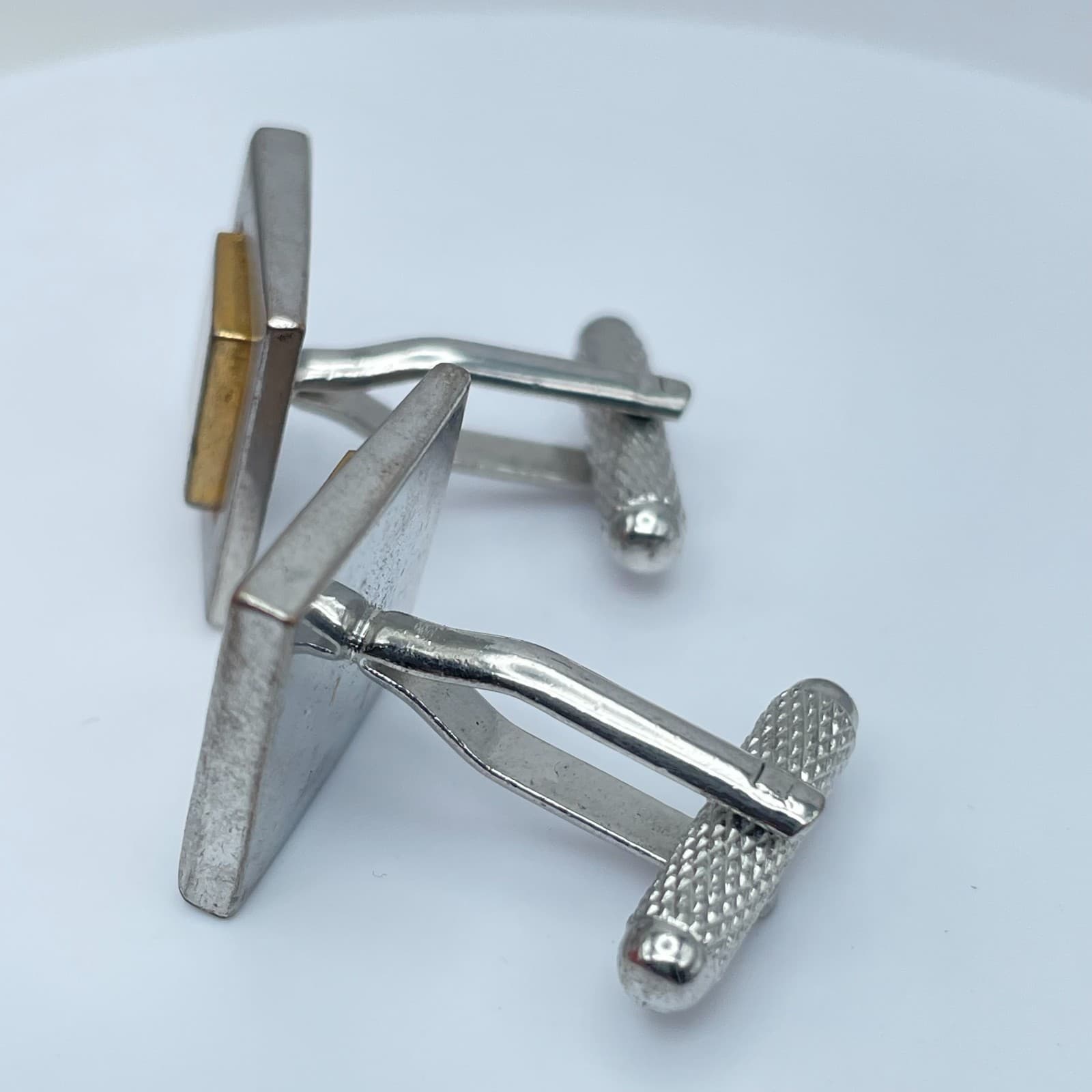 Vintage 1950s-1960s Two-Tone Brushed Finishes Metal Square Bullet Back Cufflinks - Thumbnail 4