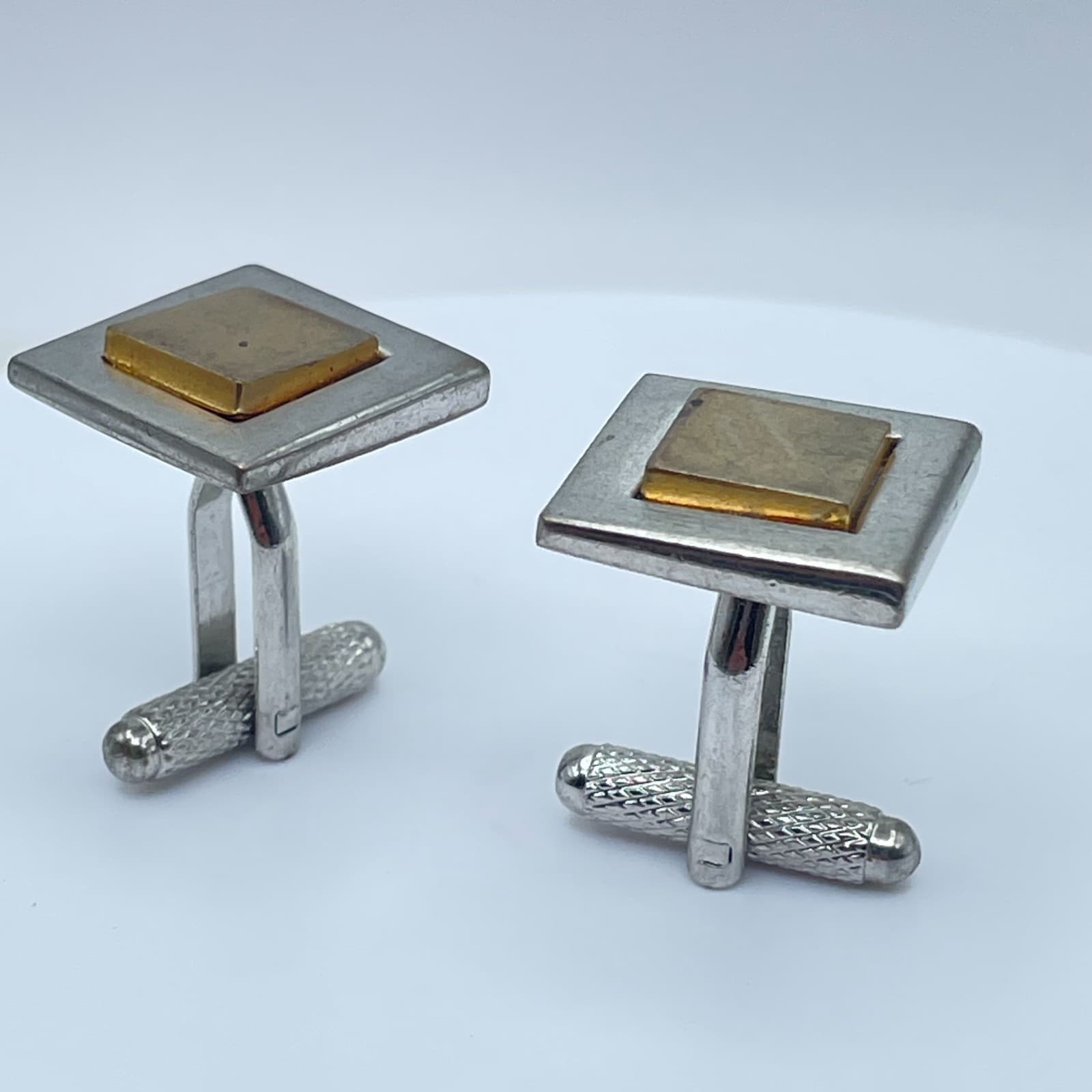 Vintage 1950s-1960s Two-Tone Brushed Finishes Metal Square Bullet Back Cufflinks - Thumbnail 8