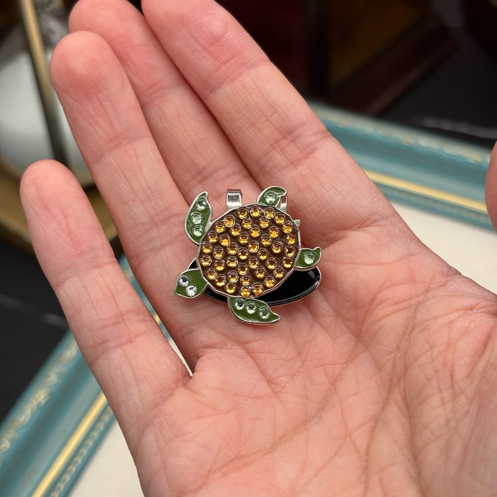 Vintage VTG Sea Turtle Rhinestone Golf Ball Marker Hat Clip Amber Green Metal 1” - Thumbnail 4