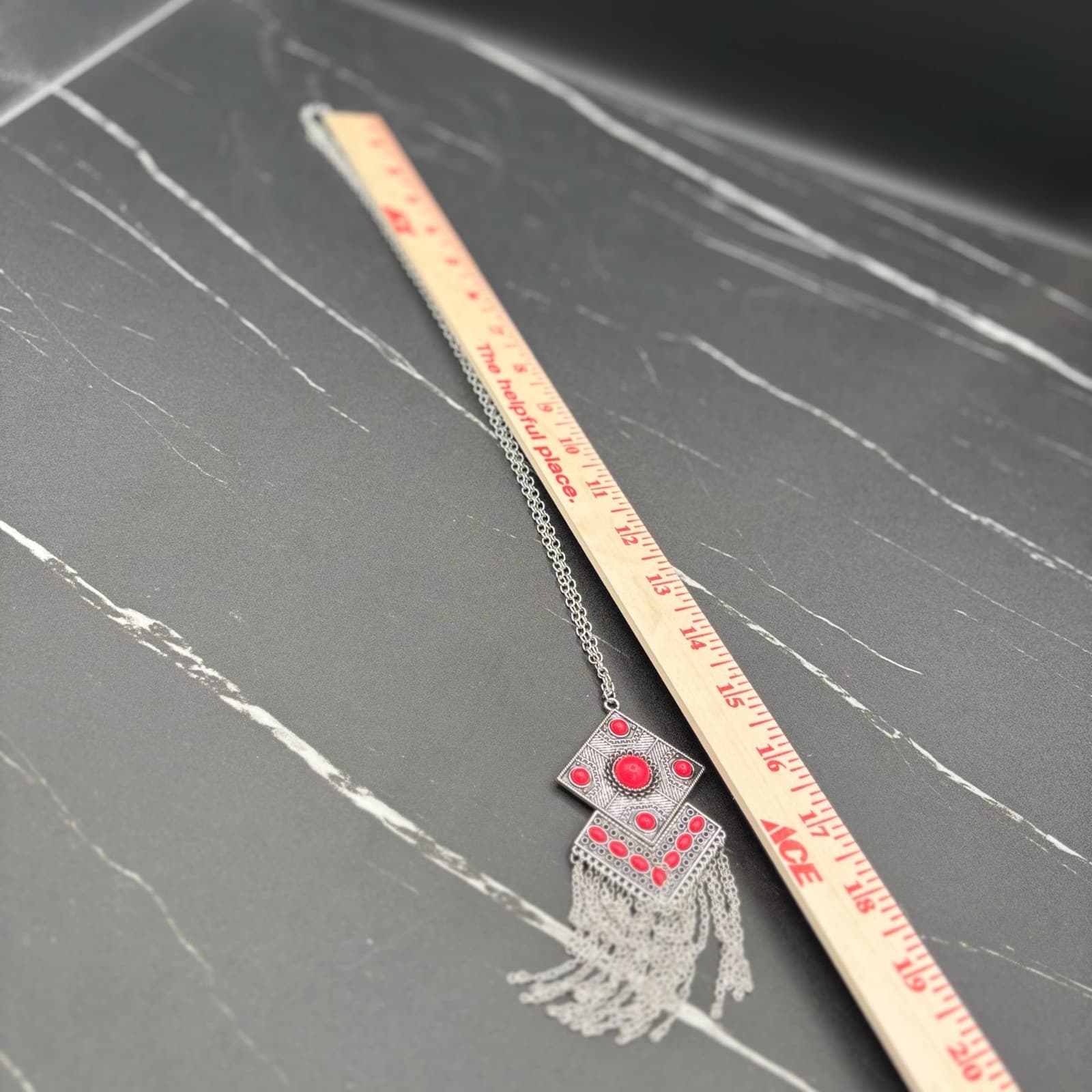 Vintage VTG Stone Fringe Tassel Pendant Necklace Dangle Earrings Set Silver Tone - Thumbnail 2