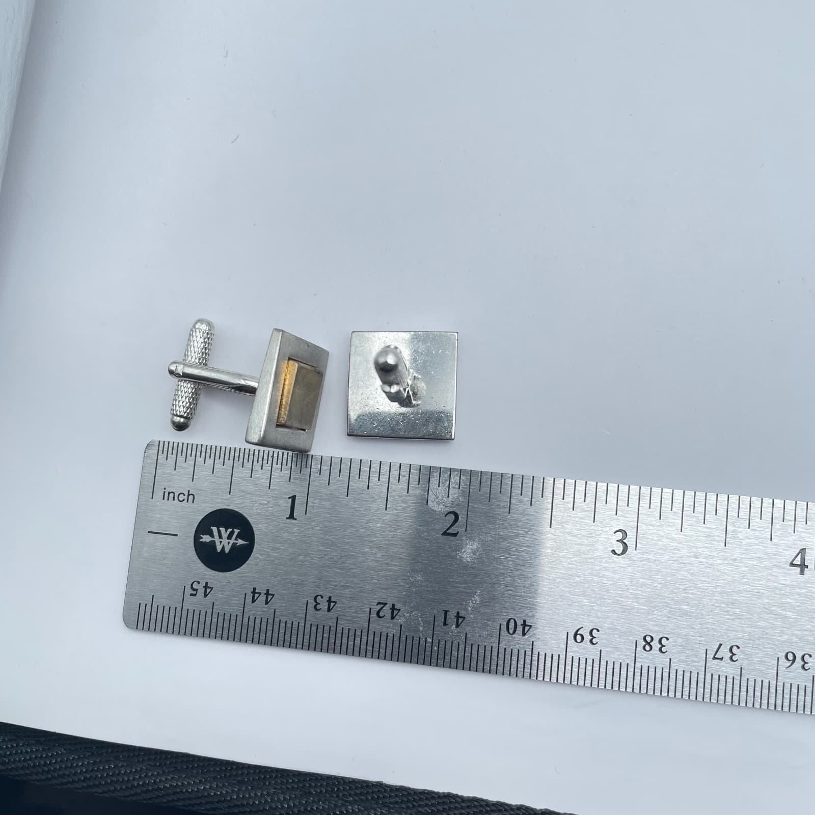 Vintage 1950s-1960s Two-Tone Brushed Finishes Metal Square Bullet Back Cufflinks - Thumbnail 2