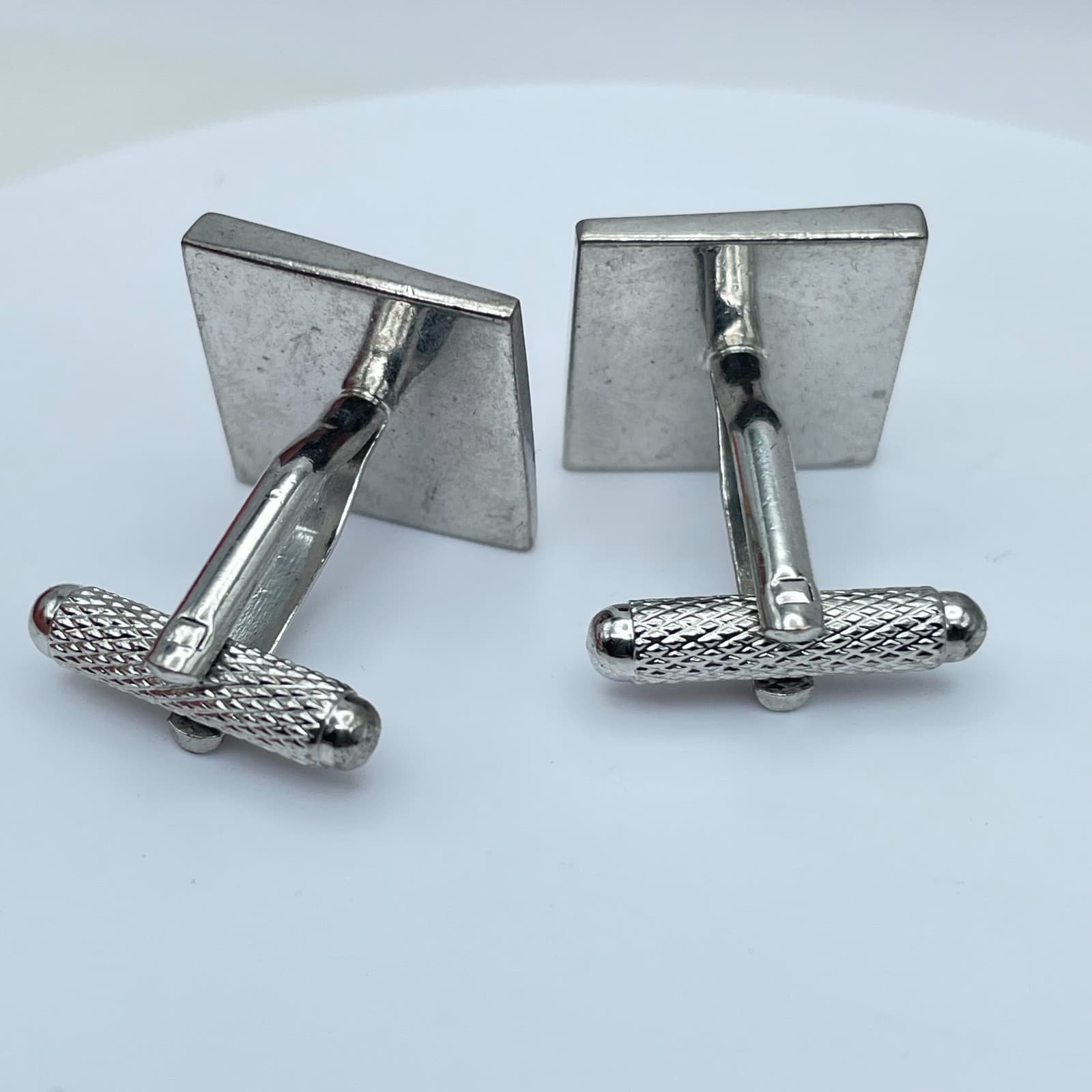 Vintage 1950s-1960s Two-Tone Brushed Finishes Metal Square Bullet Back Cufflinks - Thumbnail 5