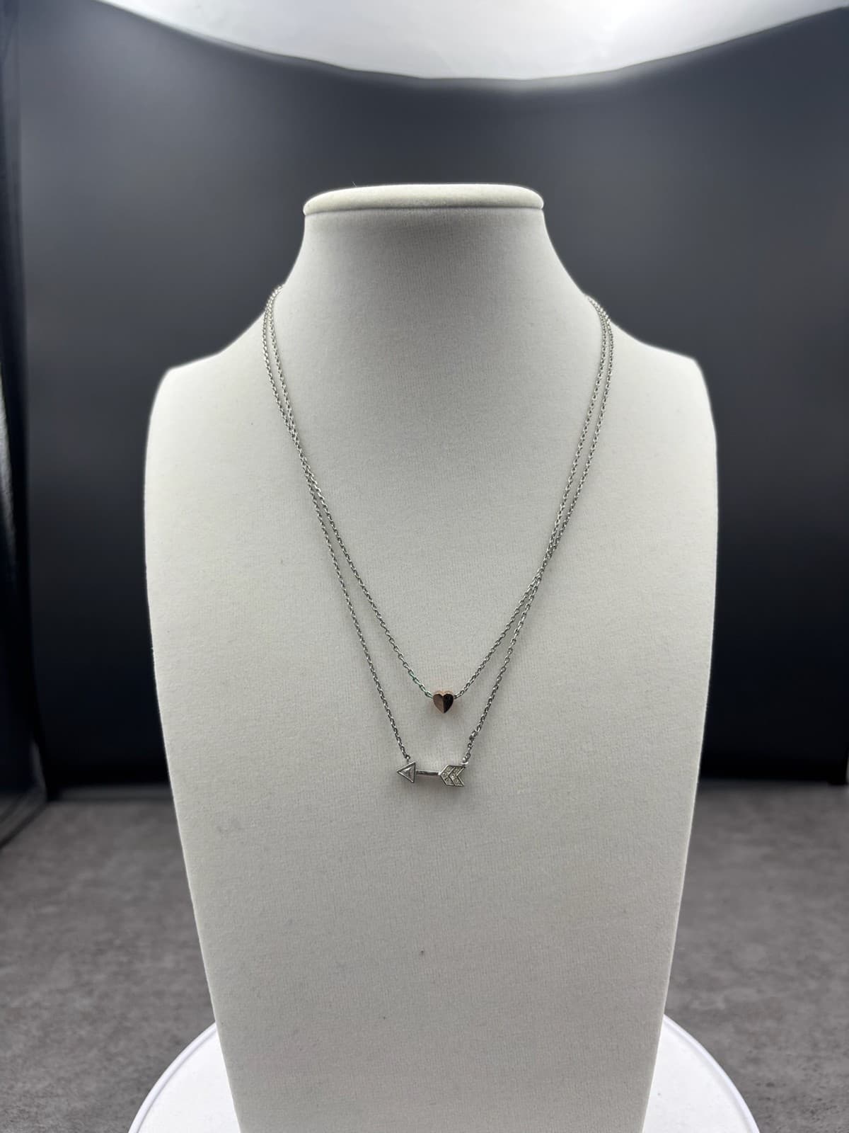 Vintage Fossil Layered Arrow Heart Necklace 16/18" Rose Gold Silver Tone Crystal - Thumbnail 2