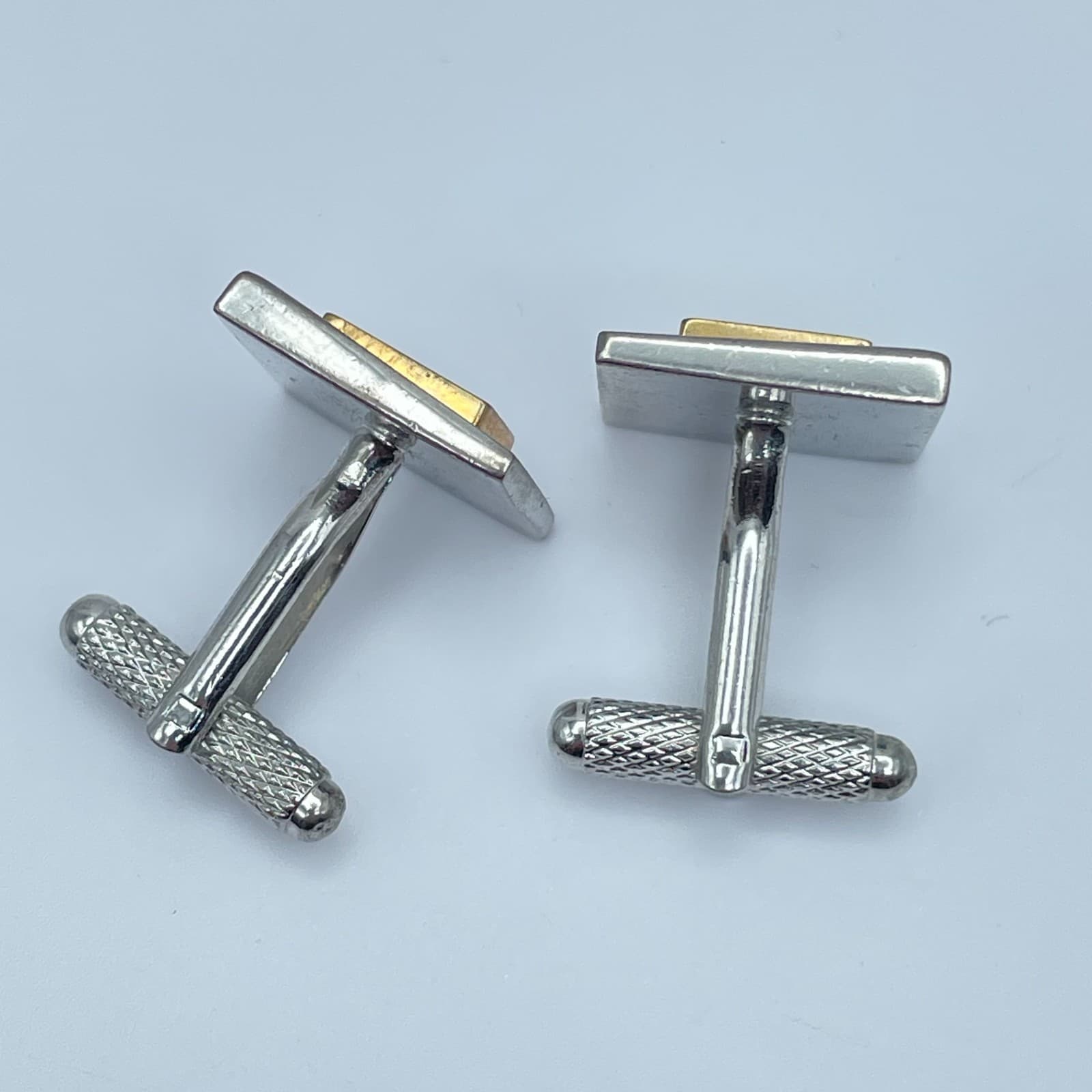 Vintage 1950s-1960s Two-Tone Brushed Finishes Metal Square Bullet Back Cufflinks - Thumbnail 6