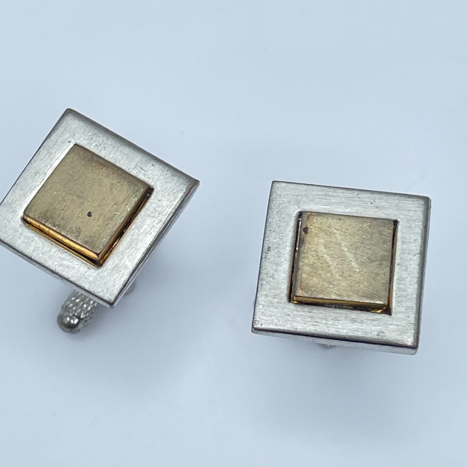 Vintage 1950s-1960s Two-Tone Brushed Finishes Metal Square Bullet Back Cufflinks - Thumbnail 7