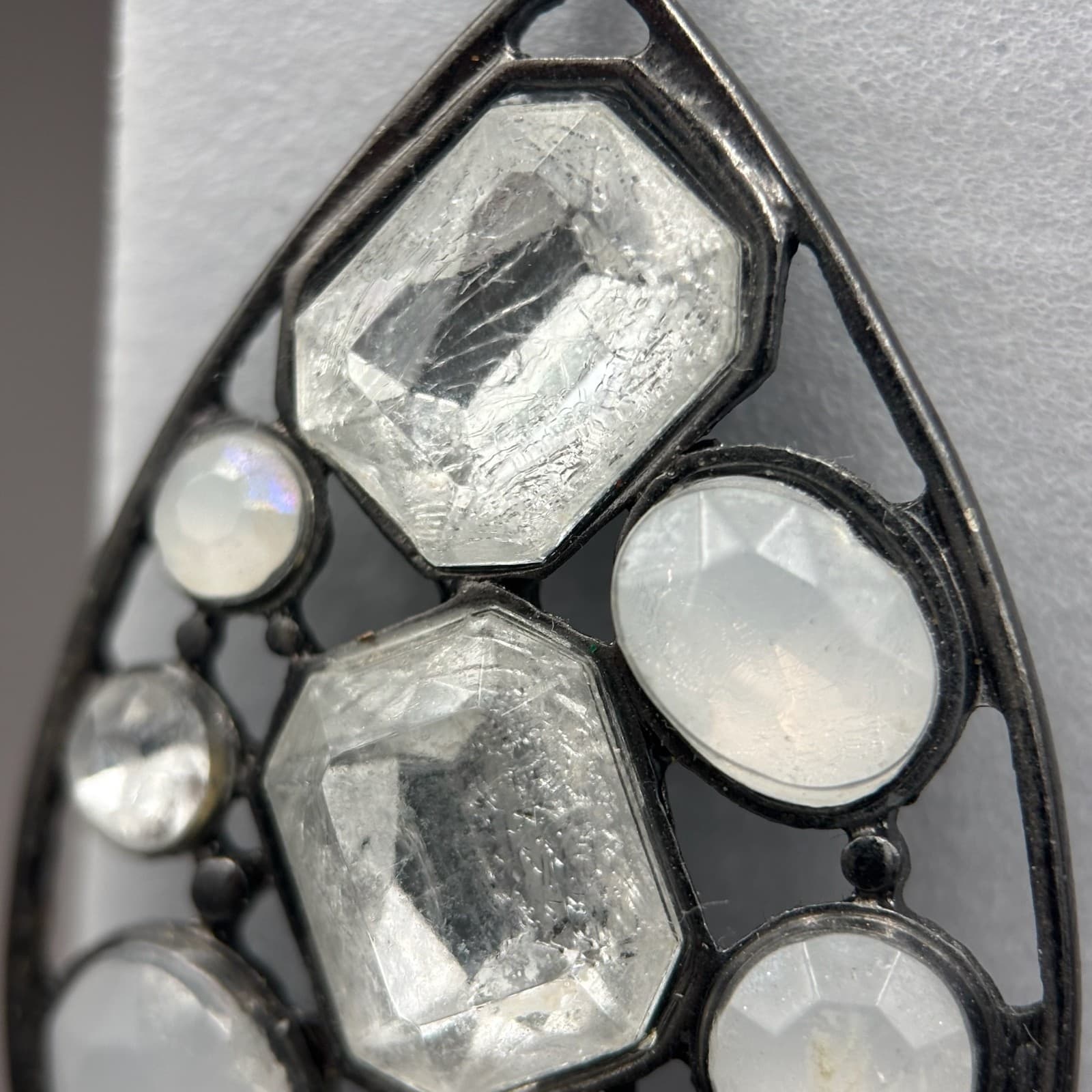 Gunmetal Teardrop Earrings Crystal Mixed-Cut Glam Statement - Thumbnail 4