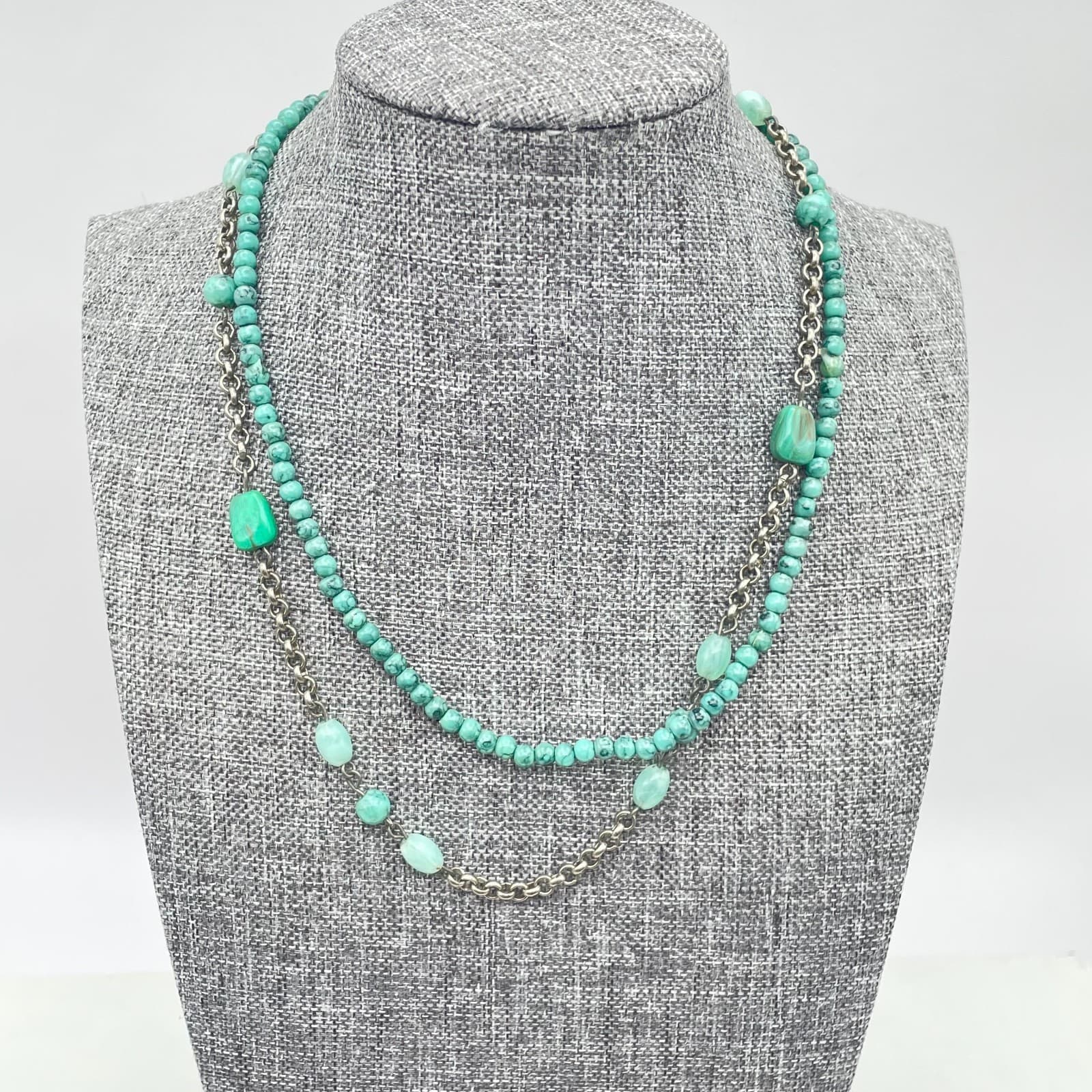 VTG Silver-Tone Rolo Turquoise Beaded Double-Stranded Layered Lobster Necklace - Image 1