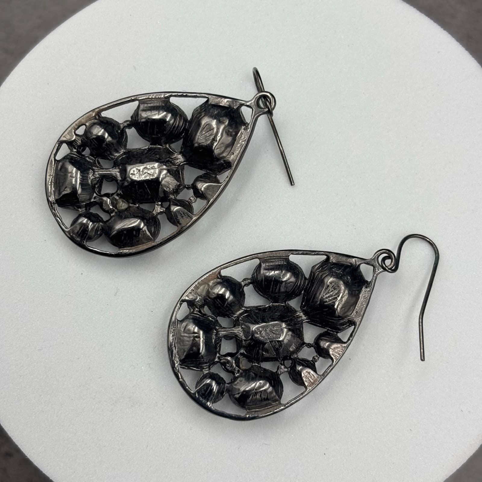 Gunmetal Teardrop Earrings Crystal Mixed-Cut Glam Statement - Thumbnail 7