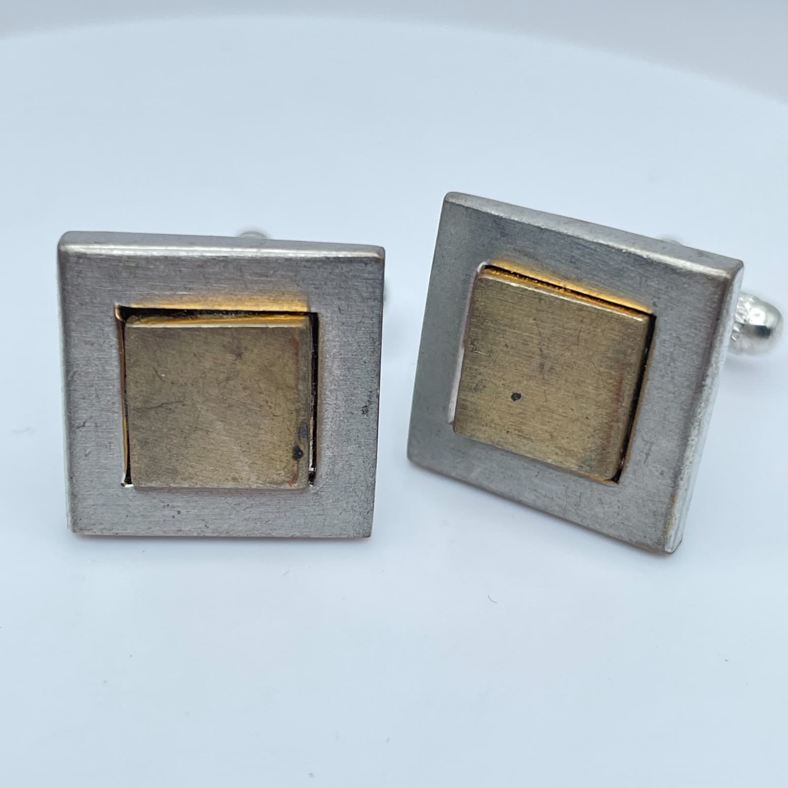 Vintage 1950s-1960s Two-Tone Brushed Finishes Metal Square Bullet Back Cufflinks - Thumbnail 3