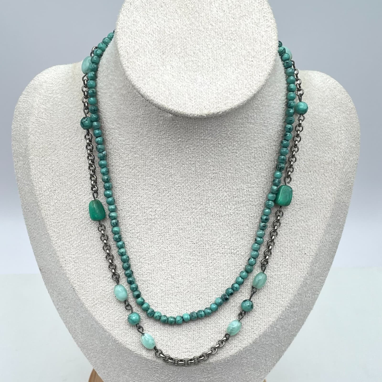 VTG Silver-Tone Rolo Turquoise Beaded Double-Stranded Layered Lobster Necklace - Thumbnail 6