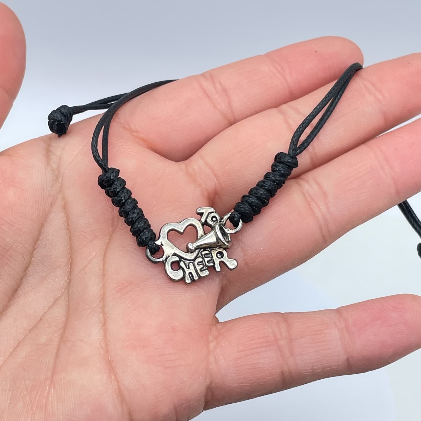 Adjustable Silver-Tone Black Cord Wax Rope Heart Cheerleading Charm Bracelet - Thumbnail 9