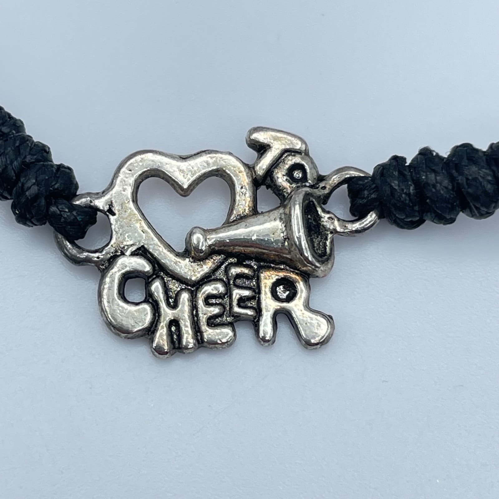 Adjustable Silver-Tone Black Cord Wax Rope Heart Cheerleading Charm Bracelet - Thumbnail 2