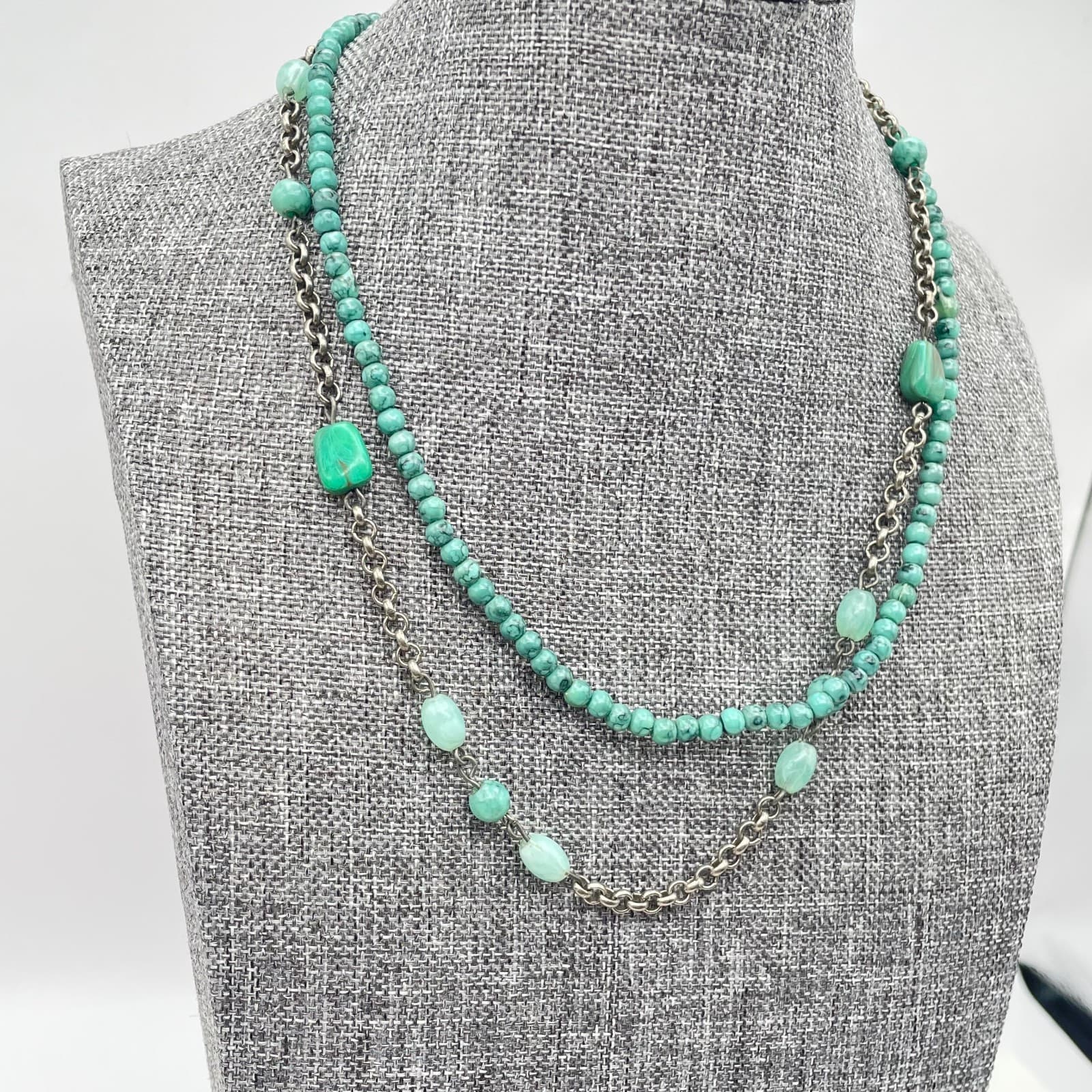 VTG Silver-Tone Rolo Turquoise Beaded Double-Stranded Layered Lobster Necklace - Thumbnail 2