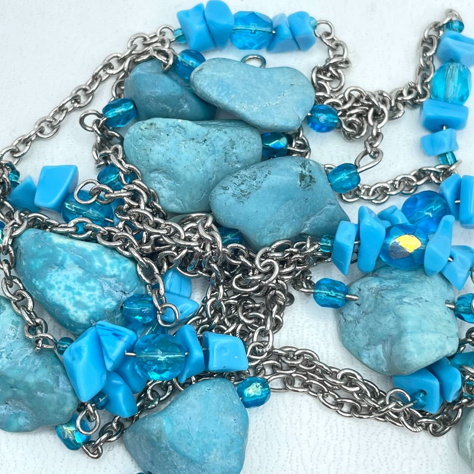 Vintage Silver-Tone Round Link Chain Natural Turquoise Beads Station Neckalce - Thumbnail 5