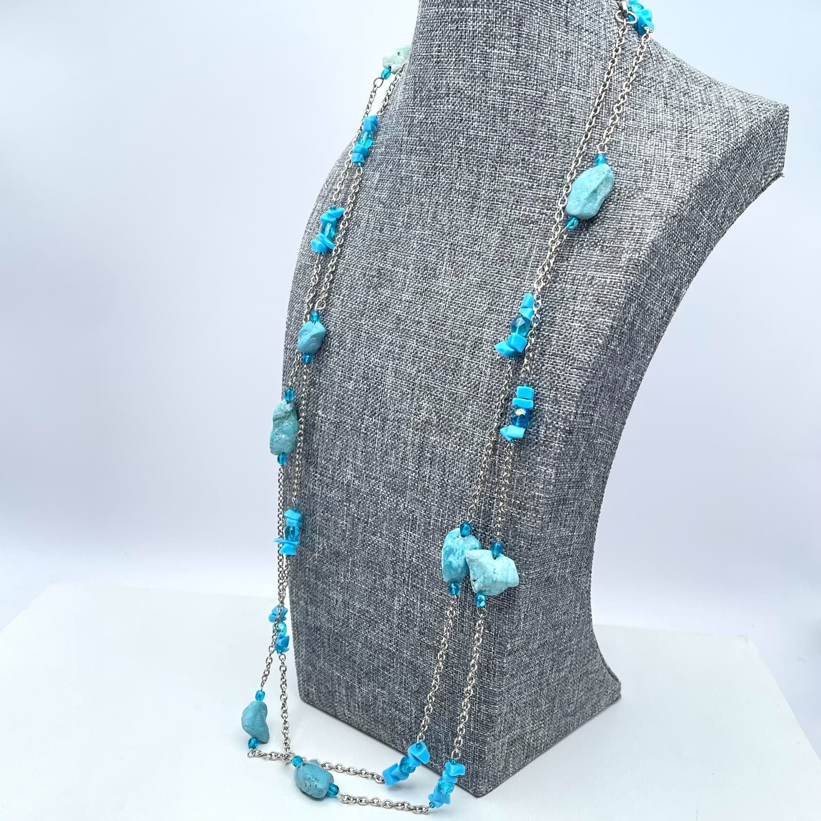 Vintage Silver-Tone Round Link Chain Natural Turquoise Beads Station Neckalce - Thumbnail 2