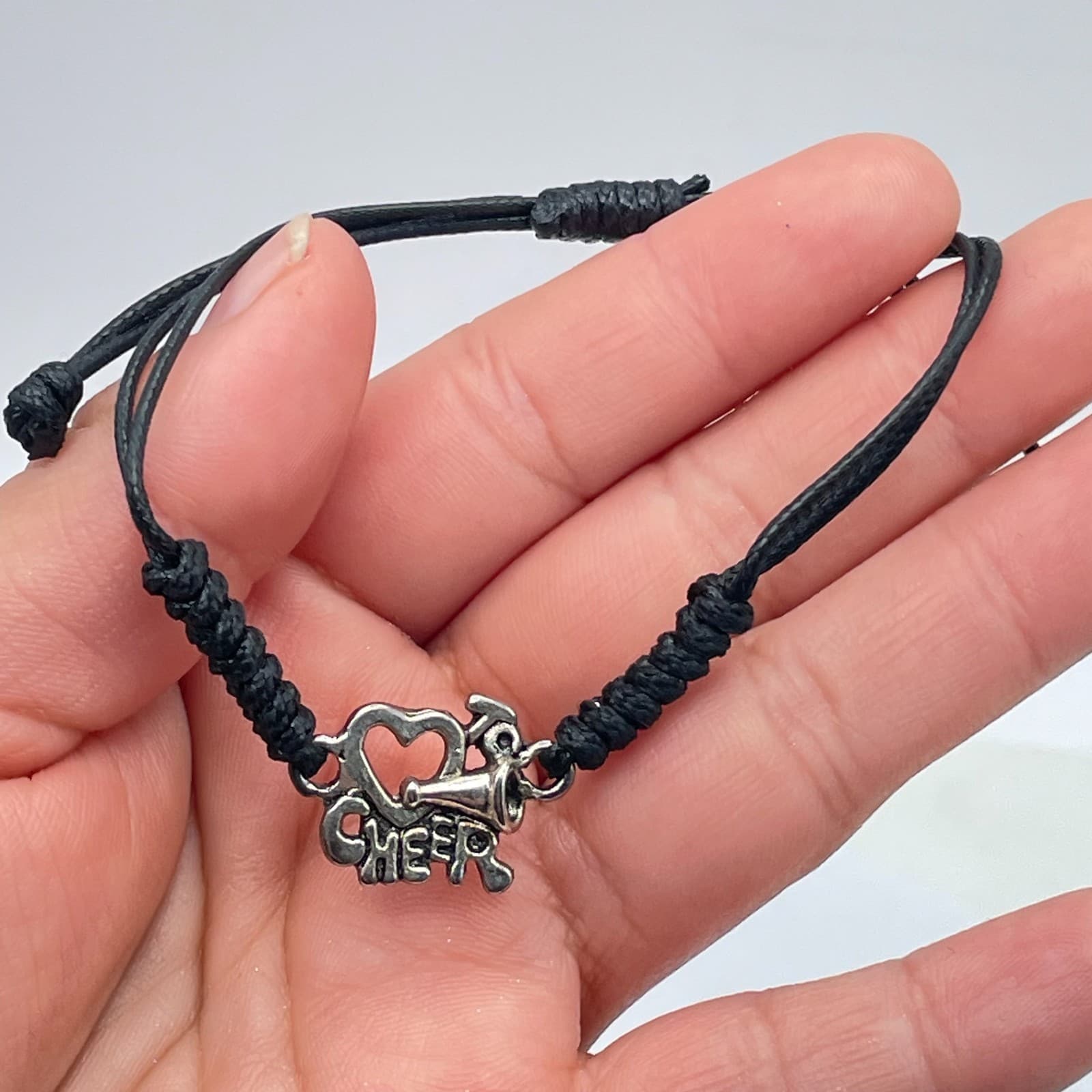 Adjustable Silver-Tone Black Cord Wax Rope Heart Cheerleading Charm Bracelet - Thumbnail 7