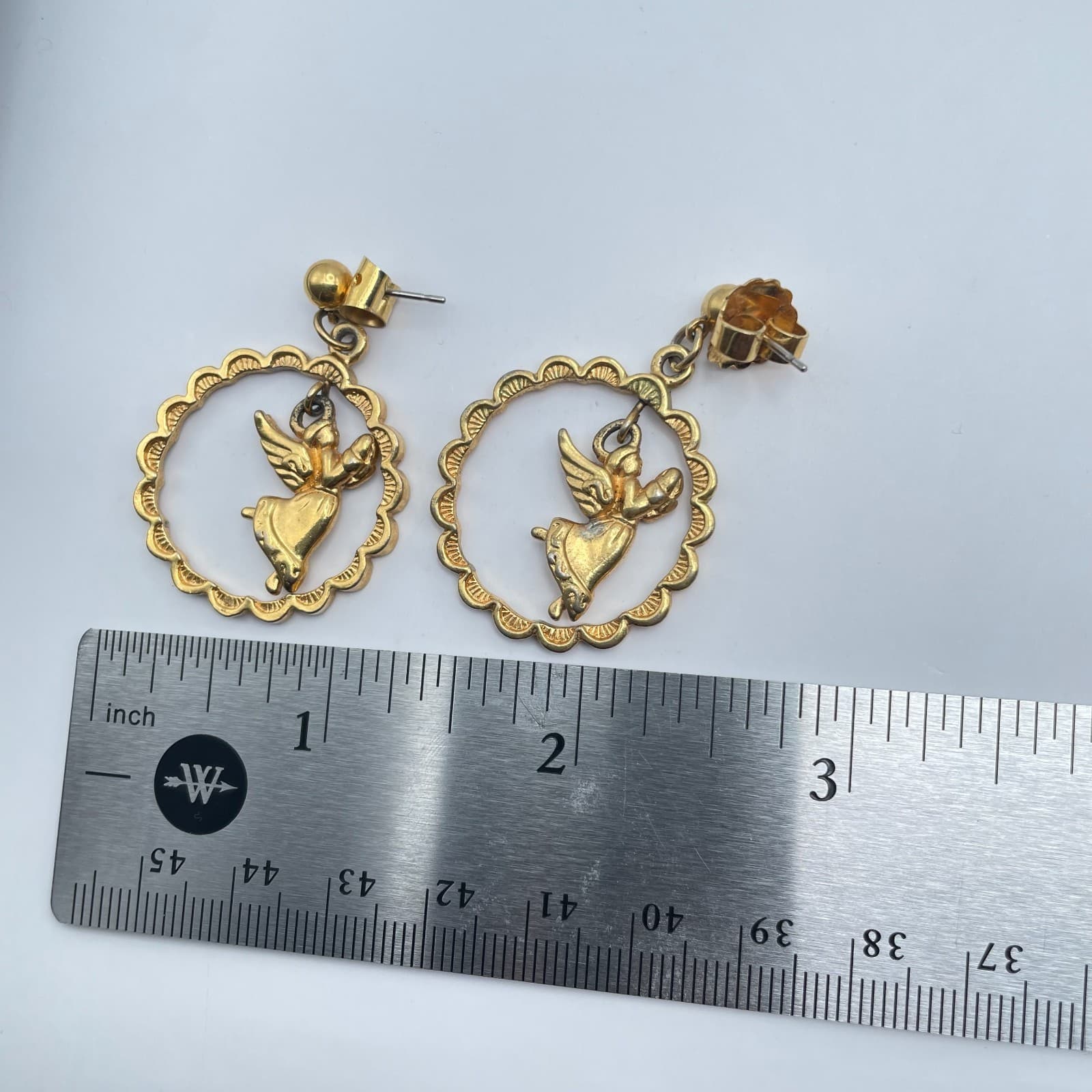 Vintage Gold-Tone Engraved Metal Soaring Angel Dangle Butterfly Back Earrings - Thumbnail 2