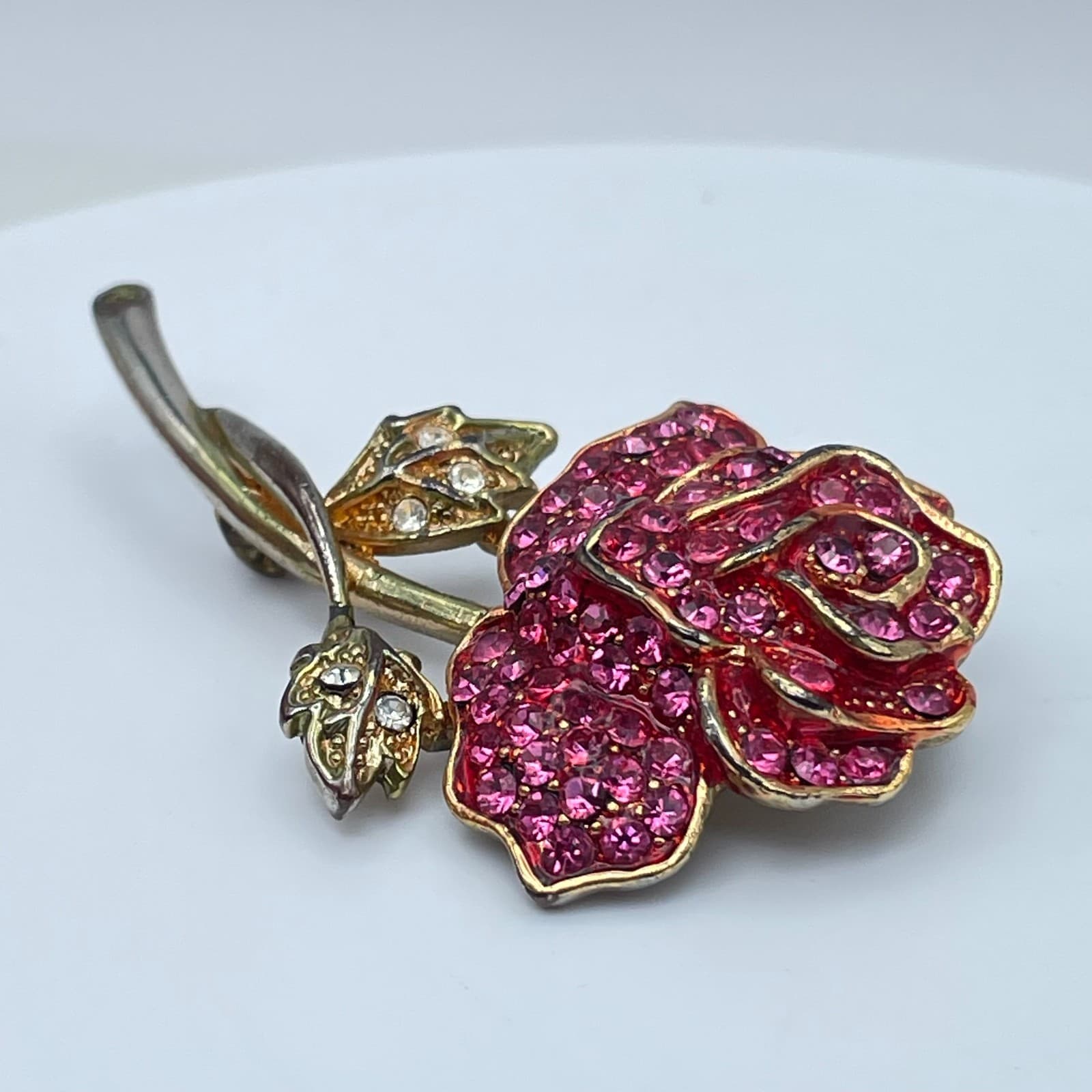 Vintage Gold-Tone Pink Pavé Rhinestone Bold Rose Flower Figural Brooch Pin - Thumbnail 7