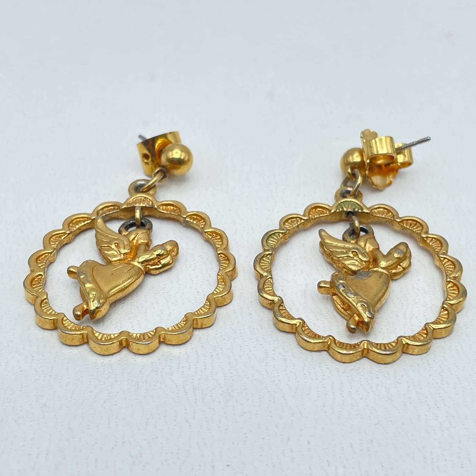 Vintage Gold-Tone Engraved Metal Soaring Angel Dangle Butterfly Back Earrings - Thumbnail 3
