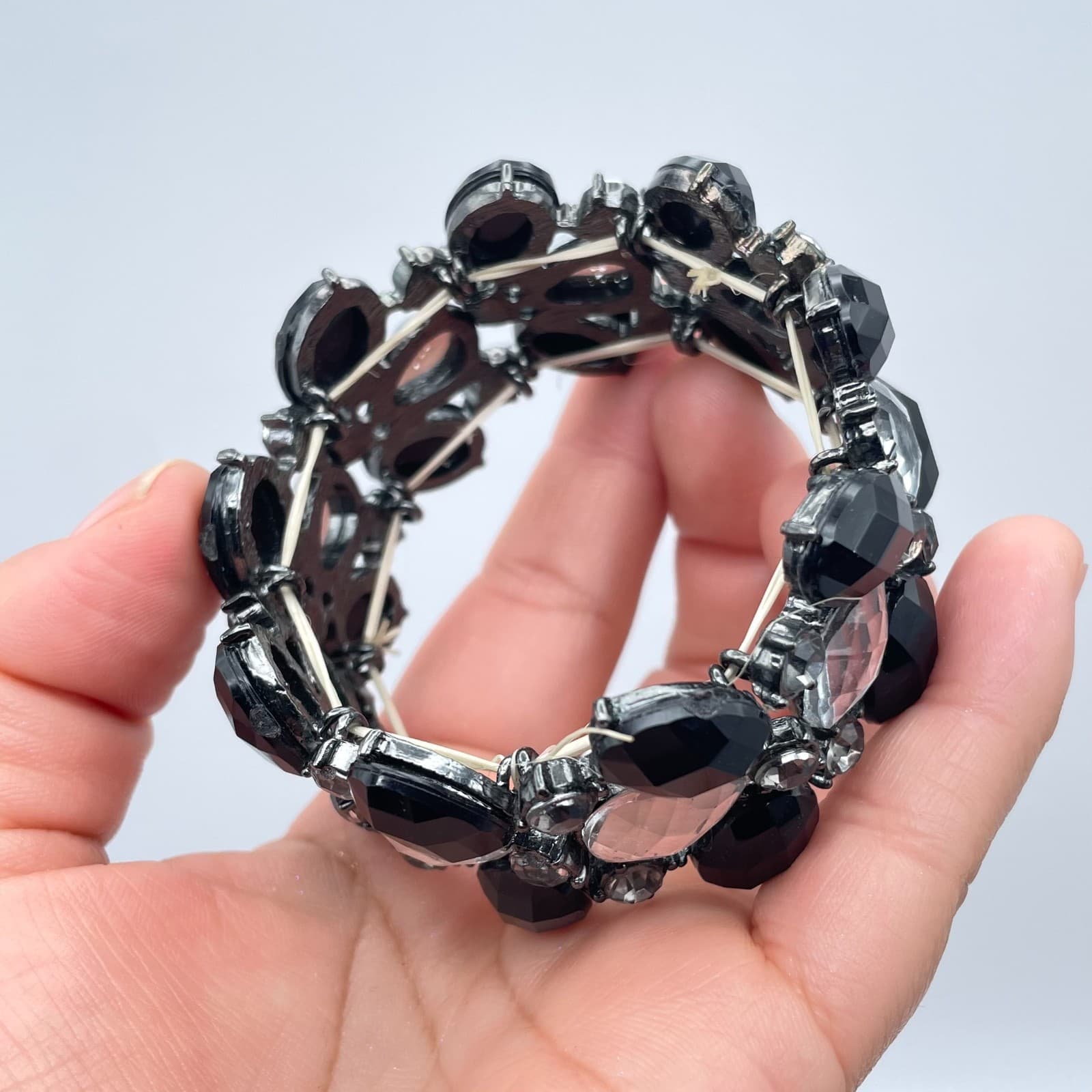 Vintage Black Clear Faceted Rhinestone Glass Teardrop Bead Rose Stretch Bracelet - Thumbnail 6