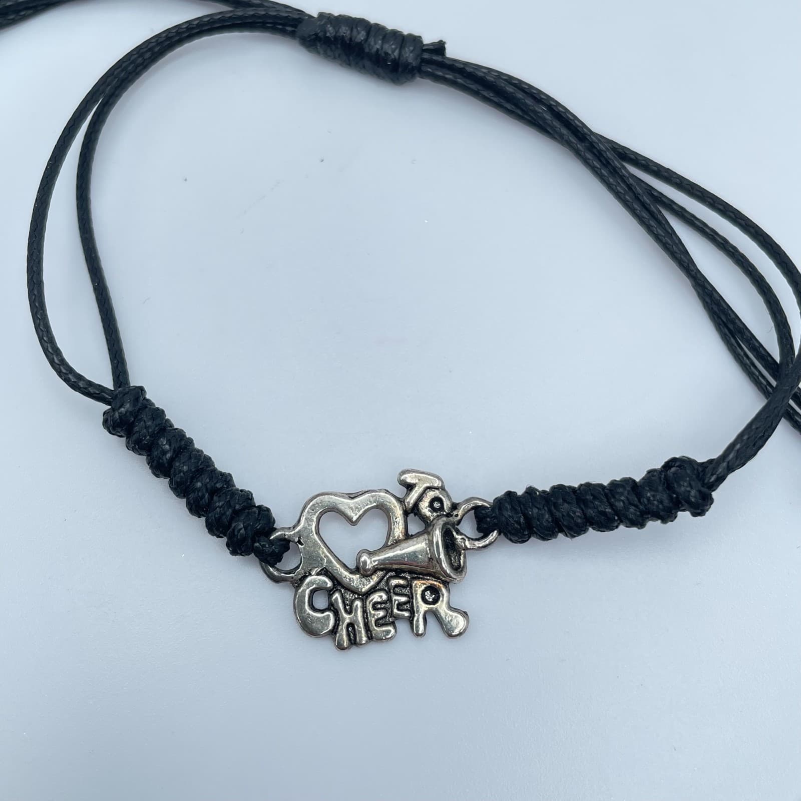 Adjustable Silver-Tone Black Cord Wax Rope Heart Cheerleading Charm Bracelet - Image 1