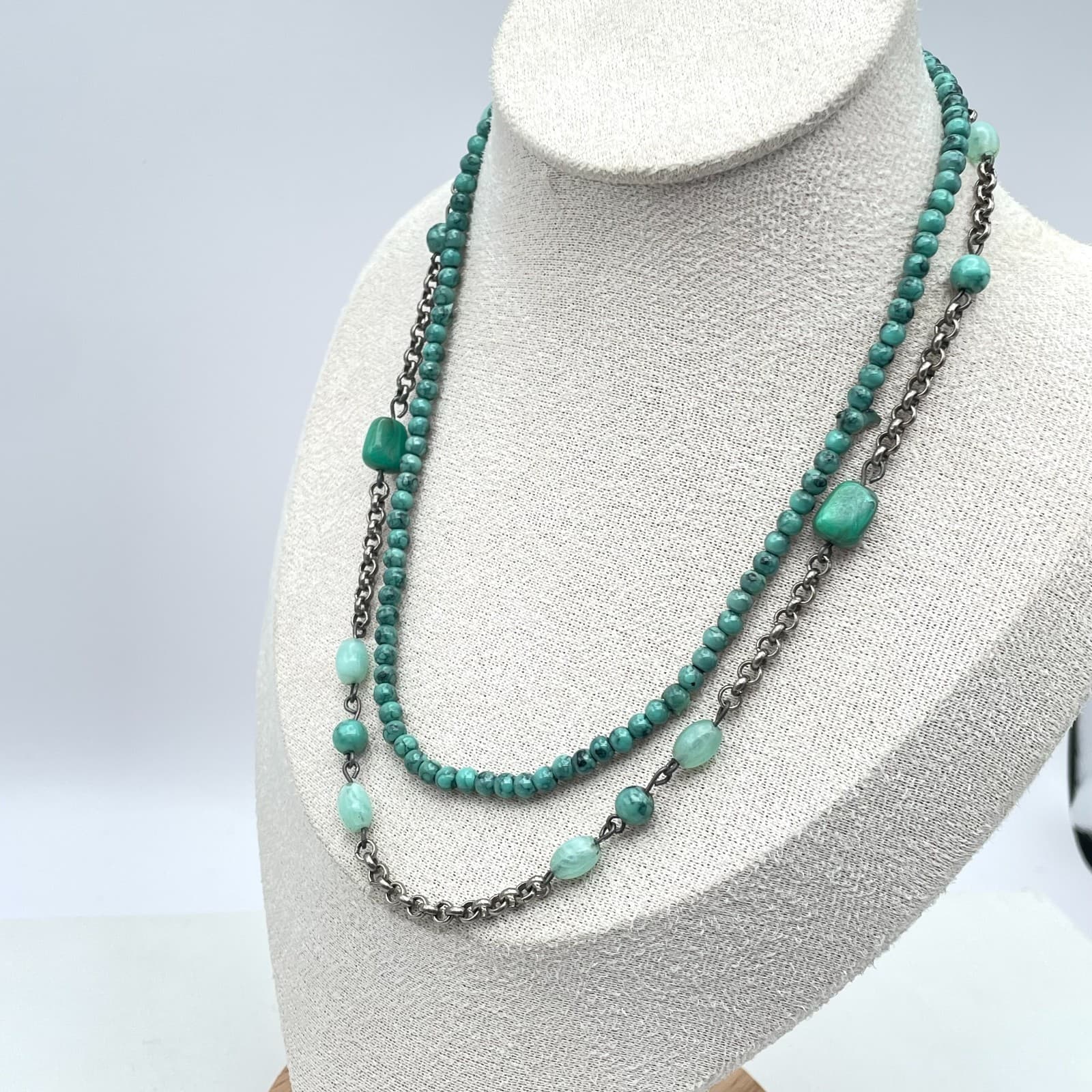 VTG Silver-Tone Rolo Turquoise Beaded Double-Stranded Layered Lobster Necklace - Thumbnail 8