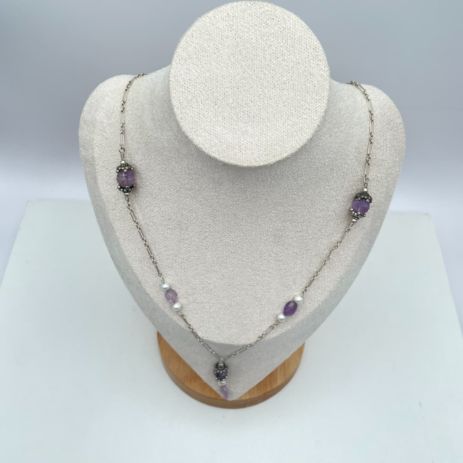 Southwestern Boho Silver-Tone Amethyst Freshwater Pearls Beaded Station Necklace - Thumbnail 3