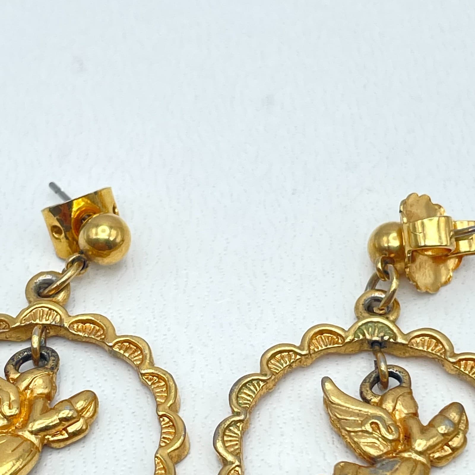 Vintage Gold-Tone Engraved Metal Soaring Angel Dangle Butterfly Back Earrings - Thumbnail 6