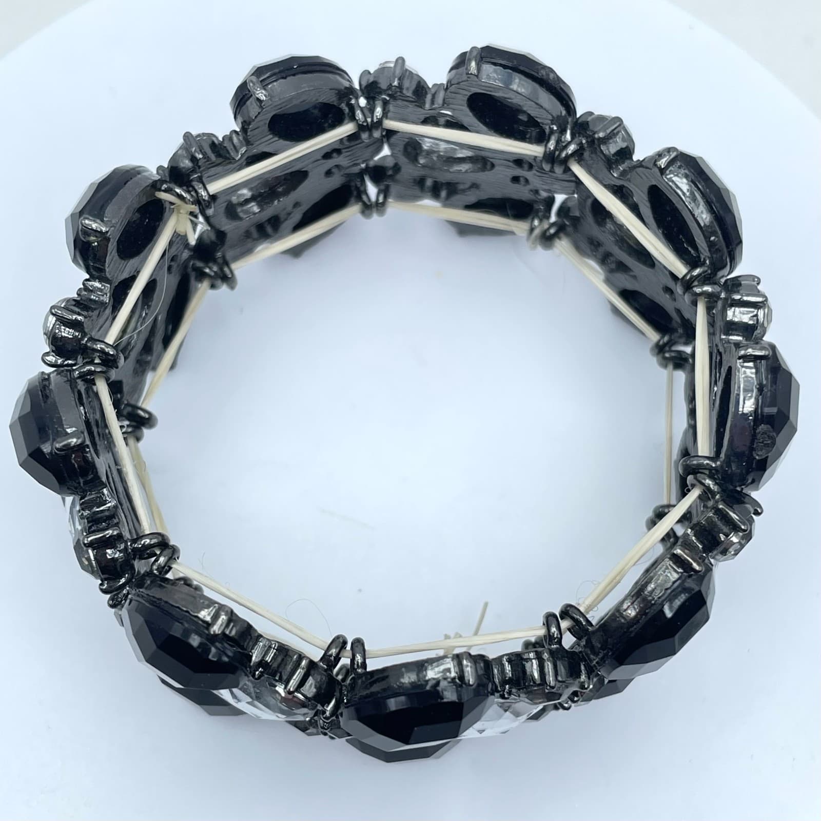 Vintage Black Clear Faceted Rhinestone Glass Teardrop Bead Rose Stretch Bracelet - Thumbnail 3